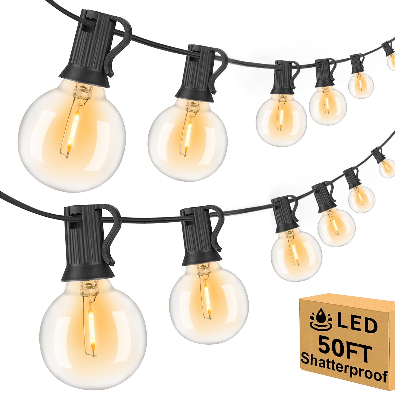 Arbrac 50ft Outdoor String Lights Waterproof/Connectable/Dimmable with 25+2 LED Shatterproof Bulbs UL Listed Globe G40 String Lights Outside Lighting for Patio Backyard Cafe Party Wedding Garden