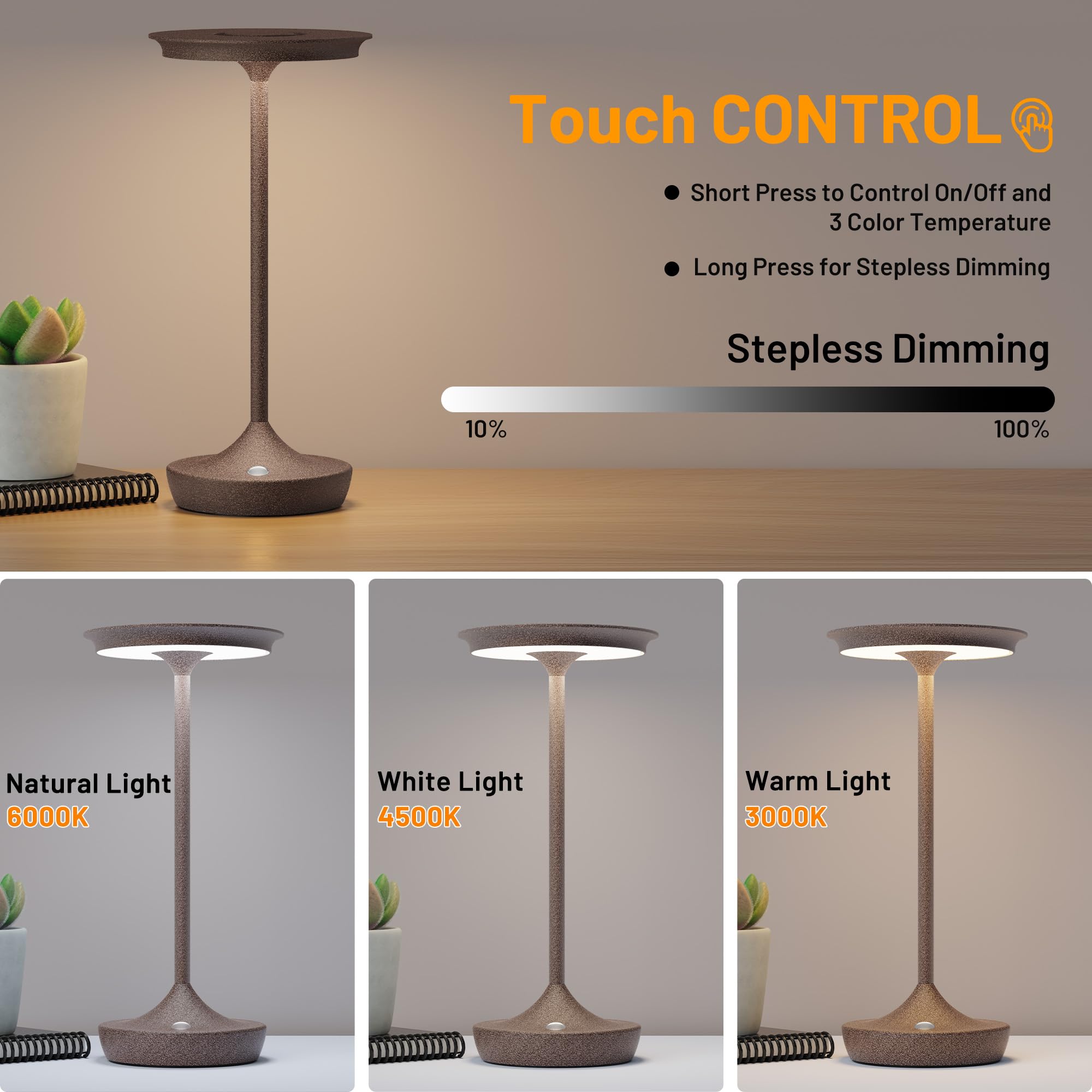 YHT Cordless Rechargeable Table Lamp, 6000mAh Battery, Waterproof, Stepless Dimming, Aluminum, Rust 1Pack, Model 825