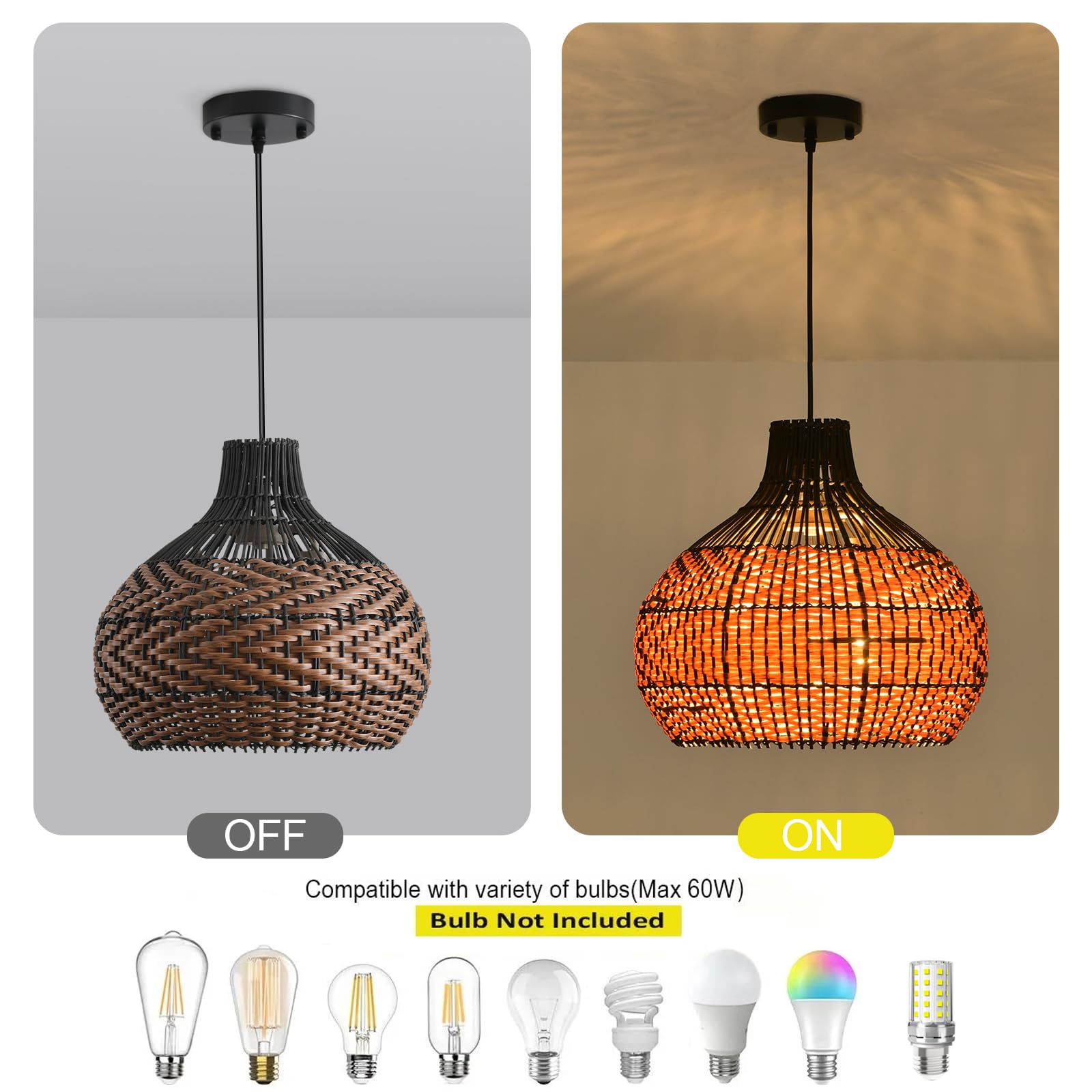 Teru Ji Kaikang 15" Rattan Pendant Light, 3-Light Hand-Woven Boho Chandelier, Black Brown Faux Rattan for Living Room, Kitchen, Dining