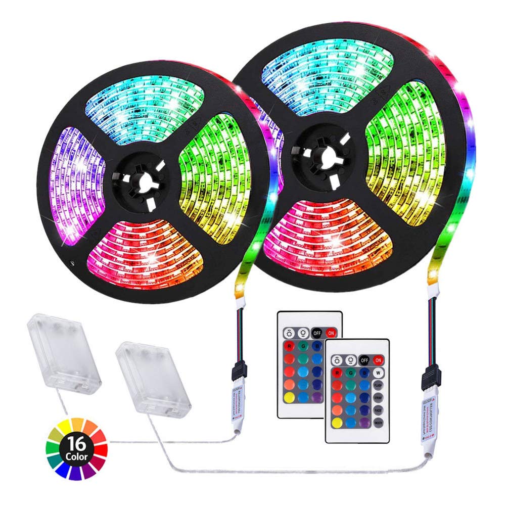 Aconde 6.56 Feet Battery Powered Led Strip Lights, 24 Keys Remote Controlled, Diy Indoor Decoration, 2 Pack