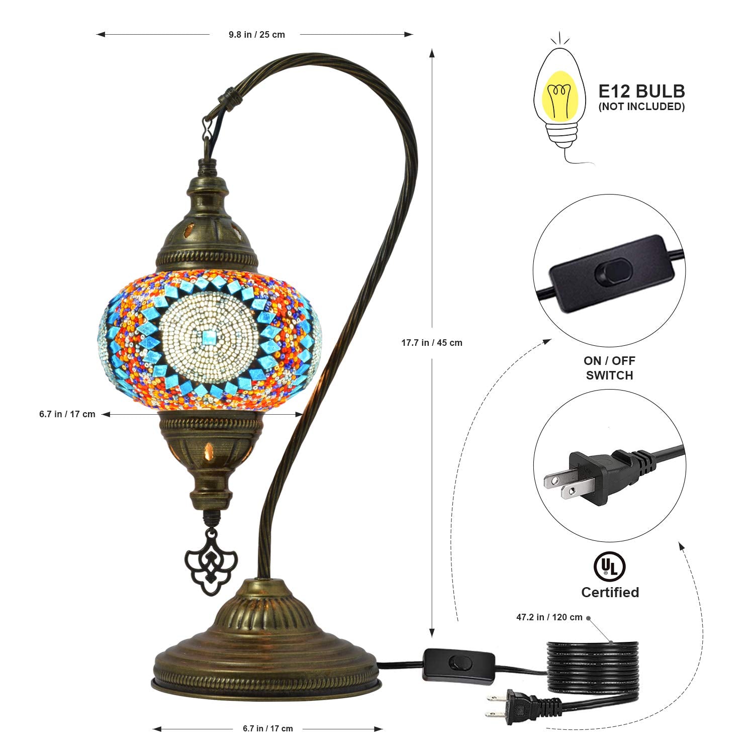 mozaist Turkish Lamp, Mosaic Table Lamp with Stained Glass Shade, Antique Bohemian Design, US Plug, Color A2