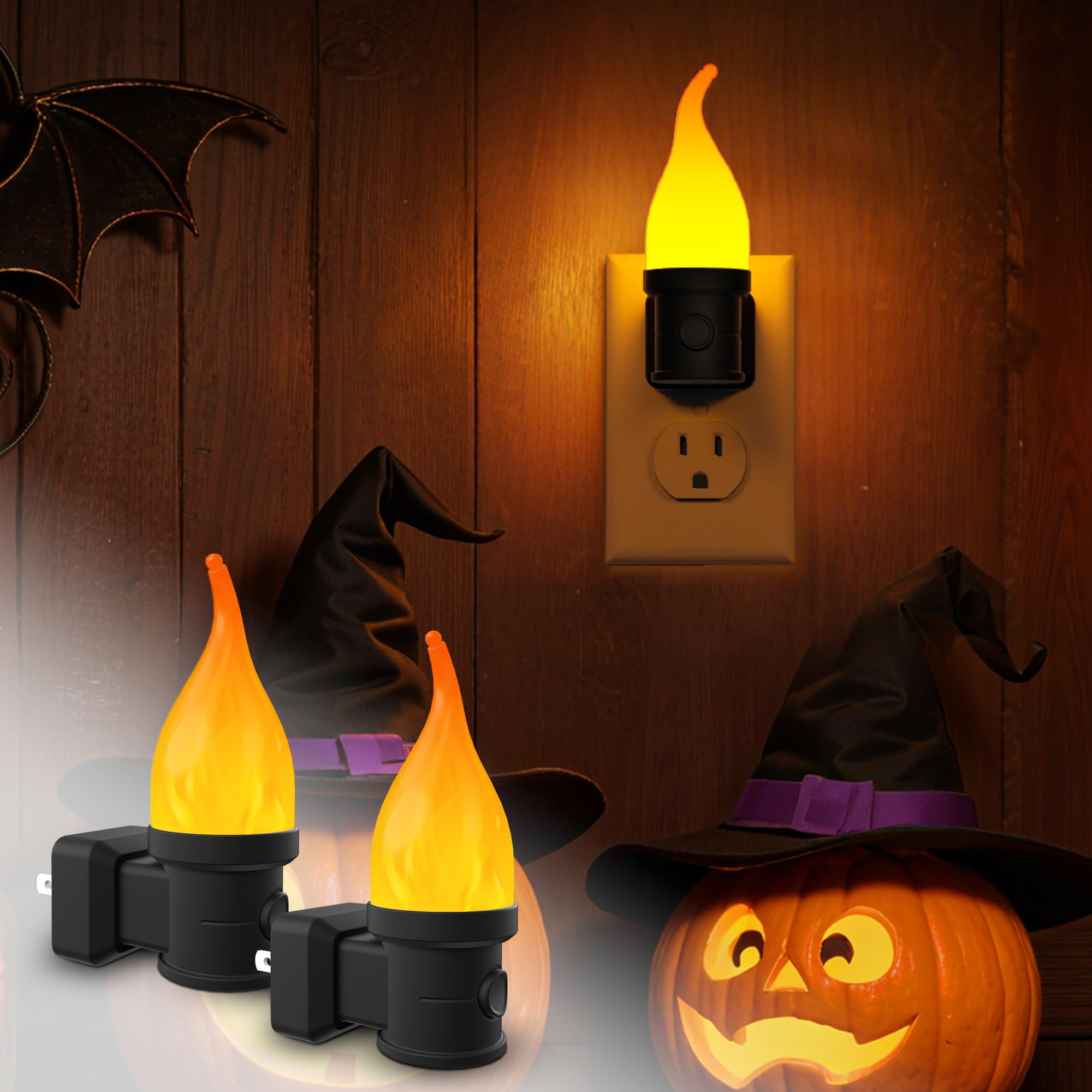 Halloween Night Lights, 3 Modes Candle Night Light Plug in with Dusk to Dawn Sensor, Flickering Flame Night Light for Party Deco