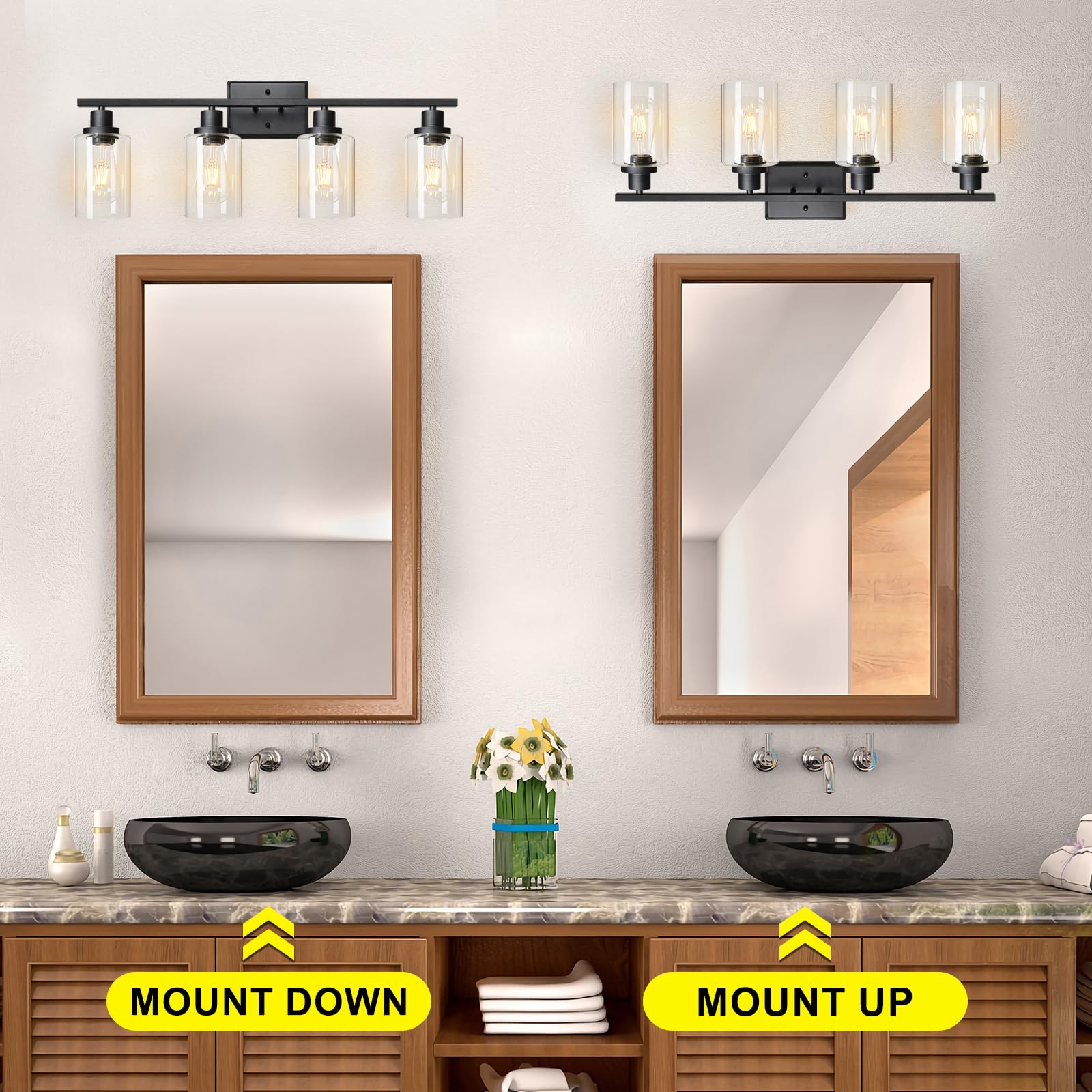 Ascher 4-Light 29.3'' Wall Sconces, Modern Vanity Light Fixture With Clear Glass Shade, Black Finish Wall Light For Mirror Bedro
