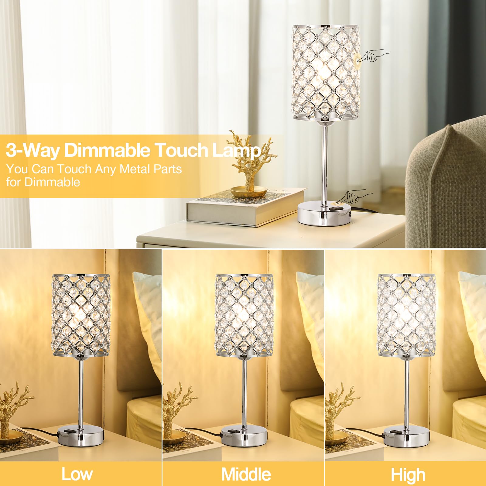 Hong-In Crystal Table Lamp, Crystal Lamp Touch Control With Usb-C Usb-A Charging Ports & Ac Outlets, 3 Way Dimmable Bedside Lamp