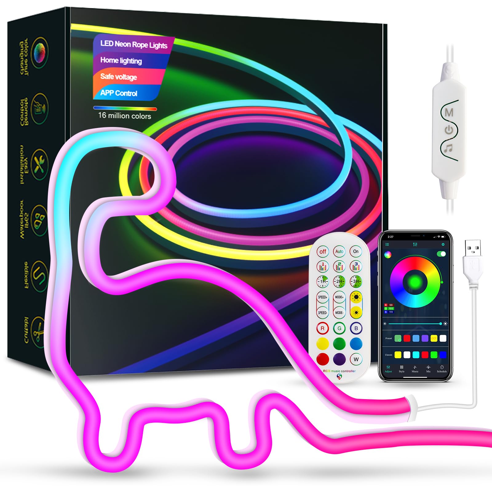 CZYJPRL Neon Rope Lights, 16.4ft Neon Lights, RGBICW LED Strip Lights, Custom DIY Neon Strip Lights Bedroom and Wall IP67 Waterp