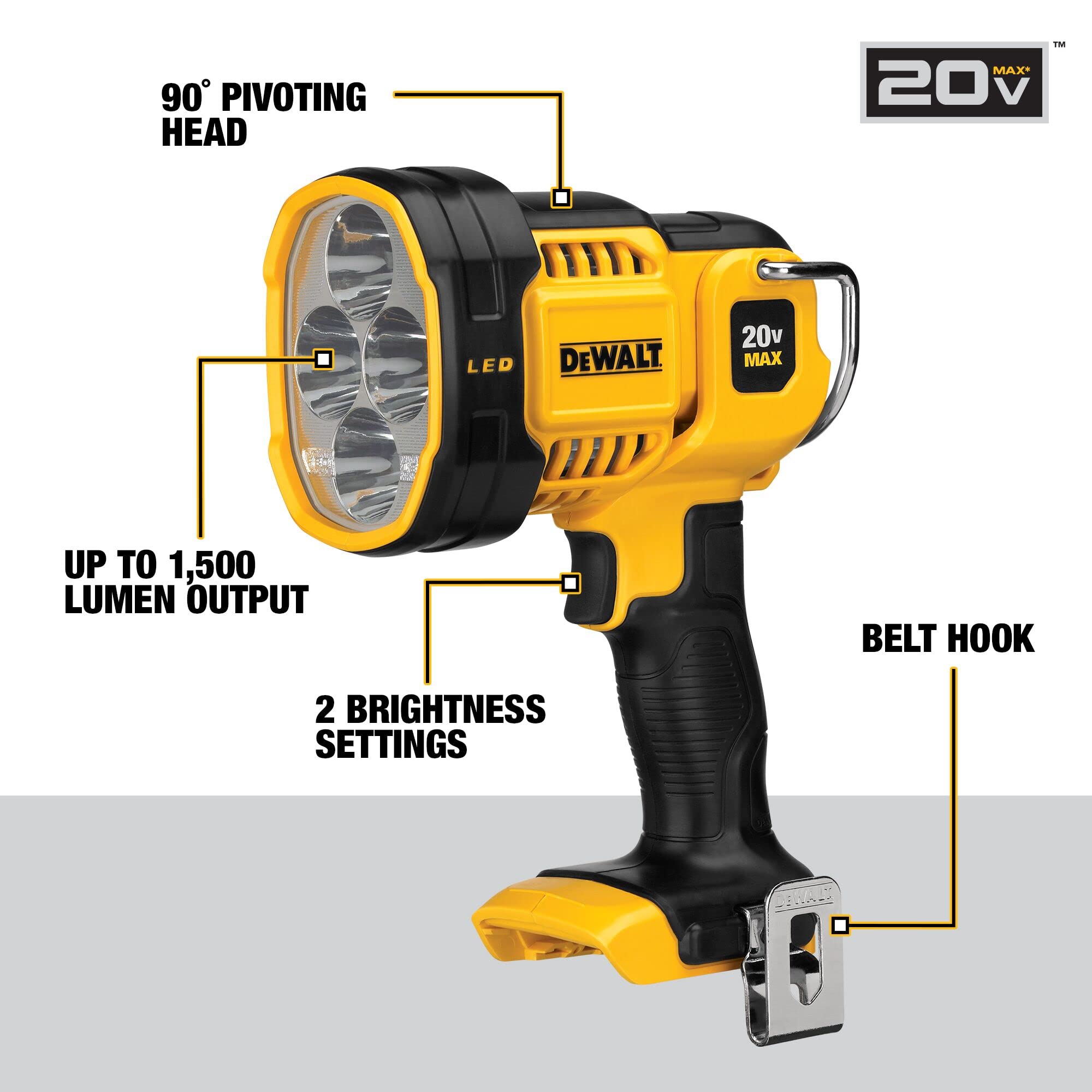DEWALT 20V MAX LED Work Light, 1500 Lumens, Handheld Spotlight, Model DCL043, Red