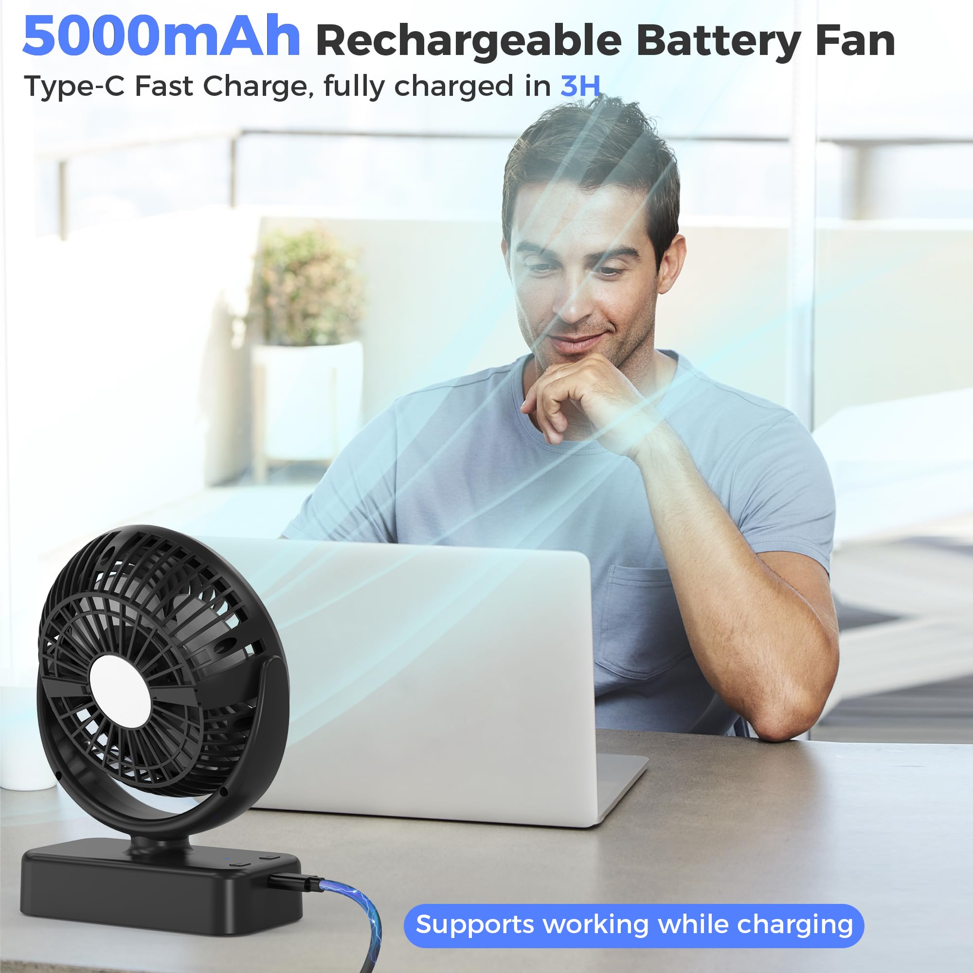 COMLIFE Camping Fan with LED Lantern, 35H Run Time, 3 Speeds, Portable, Black, 5.5 inch, Model F120