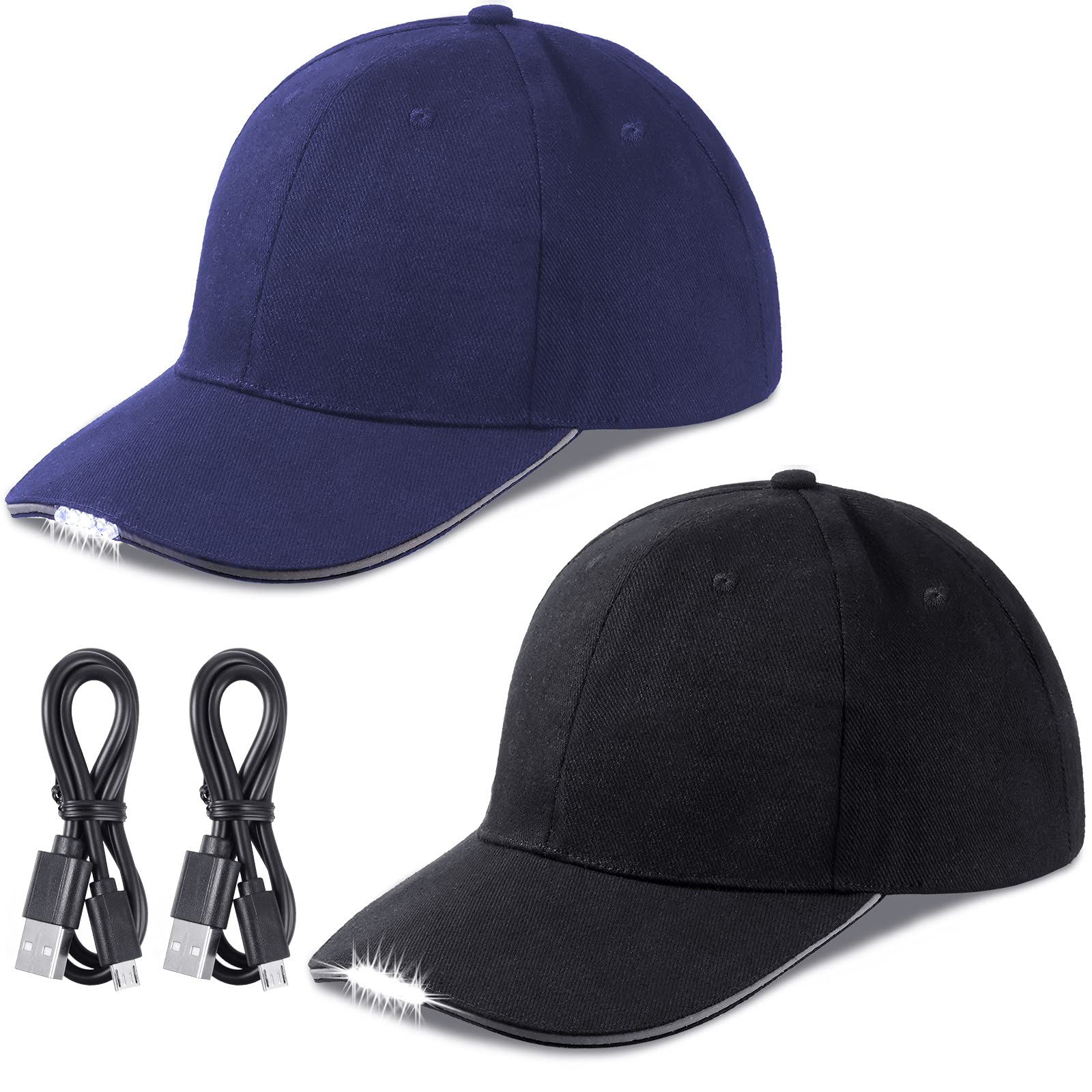 Syhood Led Baseball Cap - Hands-Free Lighted Hat For Fishing, Jogging, Camping - Cotton - Black/Navy - 2 Pieces