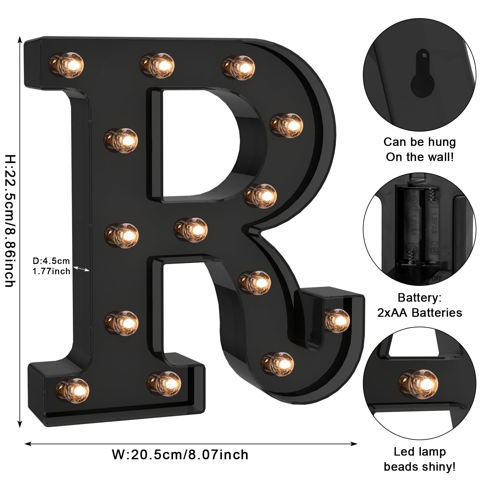 Foaky LED Letter Lights - Black Plastic Alphabet Decor - Battery Operated - Size R - Model Black-25