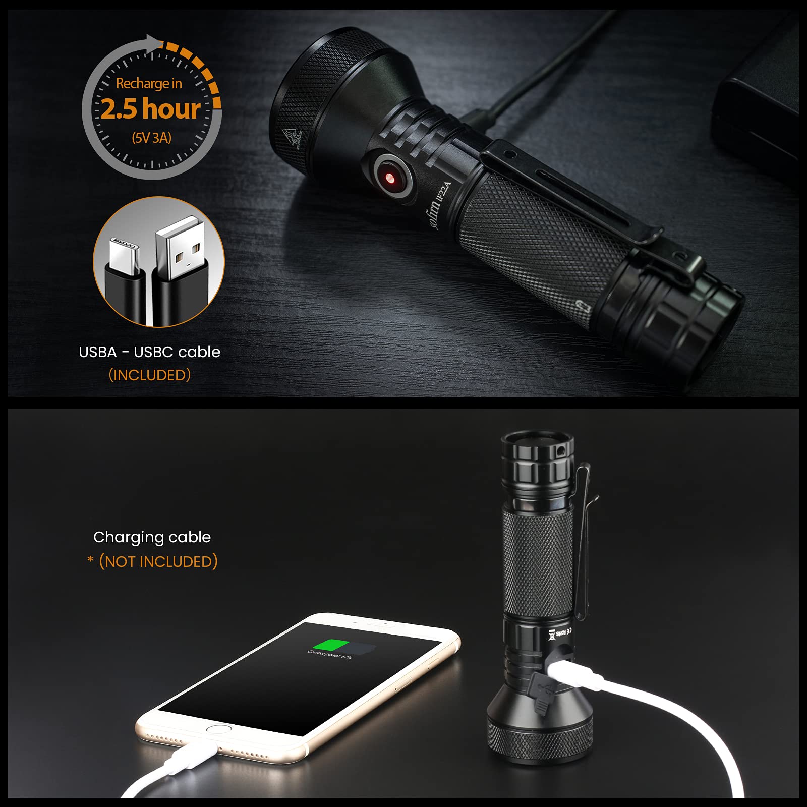 77Outdoor Rechargeable Flashlight If22A 2100 Lumen Sft-40 Led Tactical Light - Black