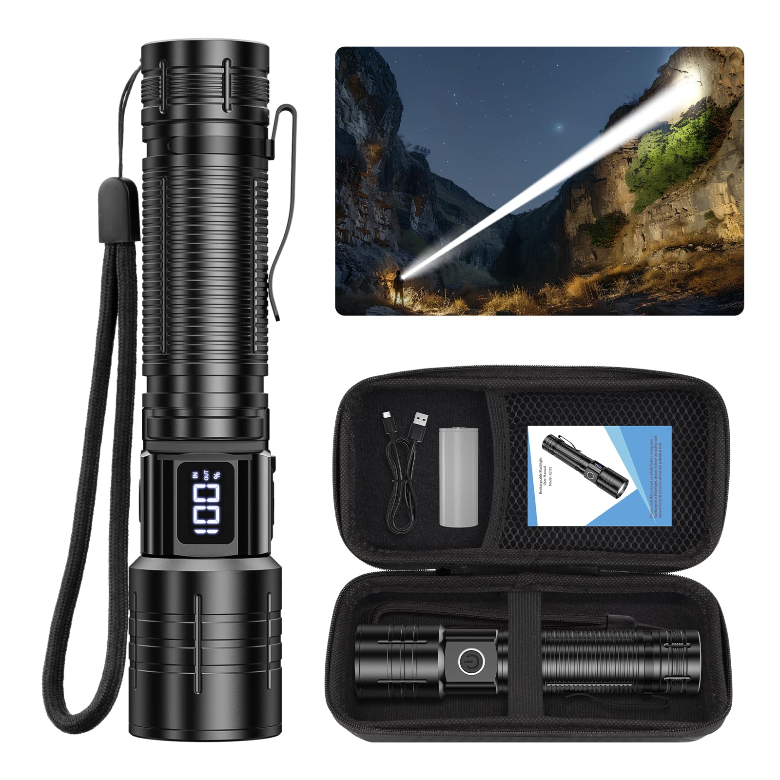 AdamStar Flashlights High Lumens Rechargeable 20,000LM Super Bright LED Flashlight with Dimmable, Zoomable Beam Tactical Flash L