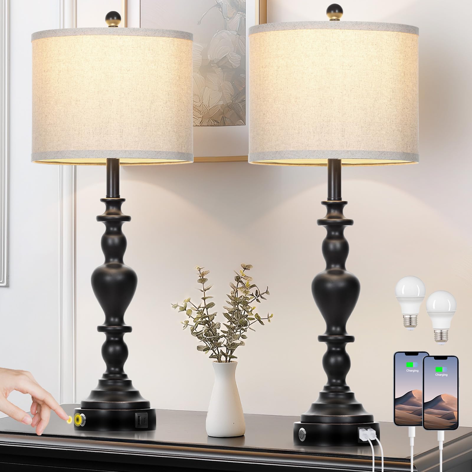 luxeflow Farmhouse Table Lamps Set of 2, 27 Black Vintage Bedside Lamps with USB A+C Charging Ports, 3-Way Dimmable Touch Contro