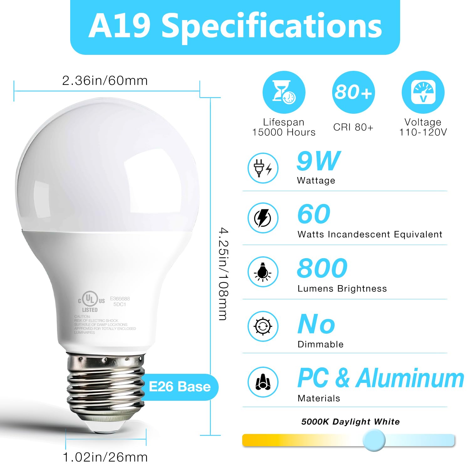 Dalattin 12 Pack A19 Led Bulbs, 9W Equivalent 60 Watts, E26 Base, 5000K Daylight White, 800 Lm, Efficient Energy Saving Lights For Living Room, Office, 80+ Cri, 120V, Ul Listed