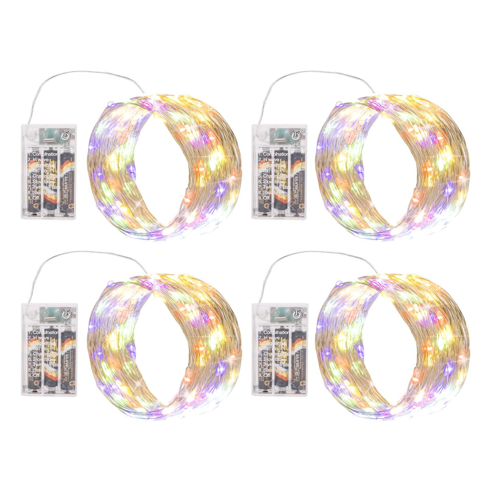 Sinamer Multicolor Fairy Lights Battery Operated (Included), 8 Modes & Auto Timer, 4 Packs 5M 50Led Mini Twinkle Silver Wire Firefly Starry Lights, Waterproof Battery Operated Lights For Tree Bottle