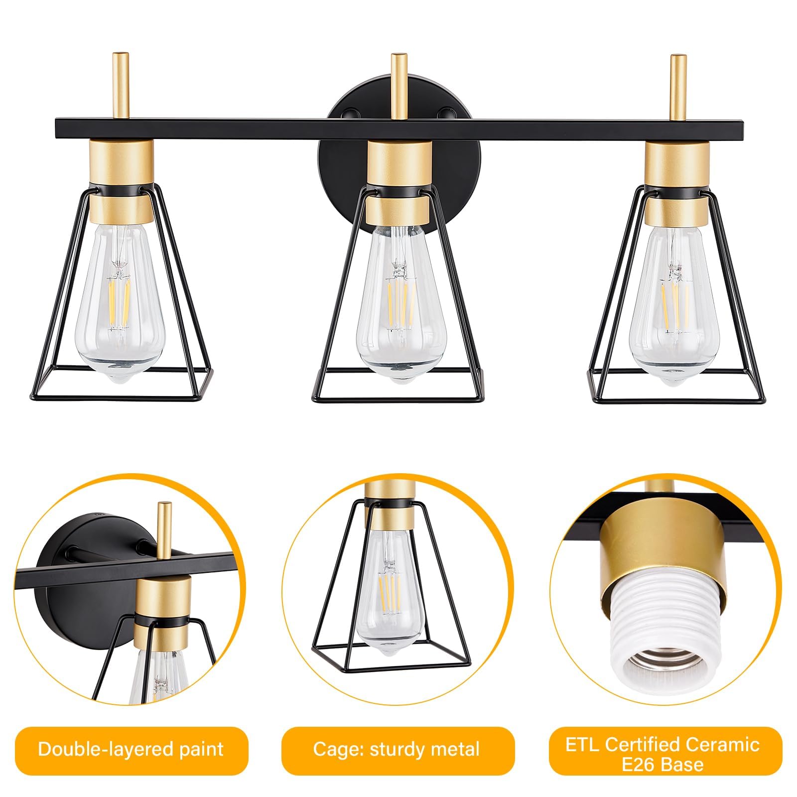 Fonmyim Farmhouse Bathroom Vanity Light Fixtures Over Mirror, Black And Gold 3-Light Wall Sconce With Metal Cage, E26 Socket (Bu