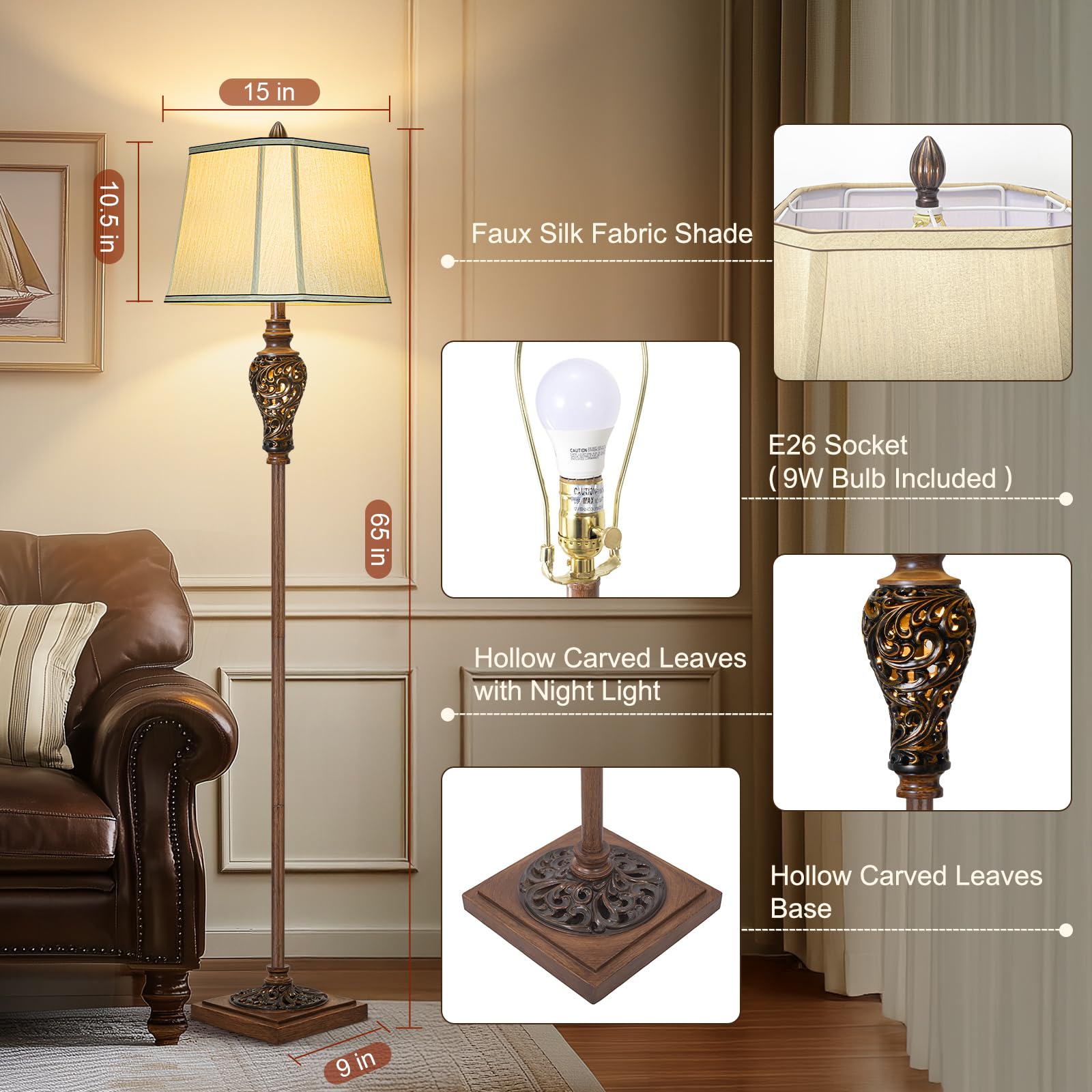 Vintage Floor Lamp With Nightlight, 65'' Rustic Standing Lamp With Beige Faux Silk Shade, Farmhouse Style Design Tall Lamp Decor