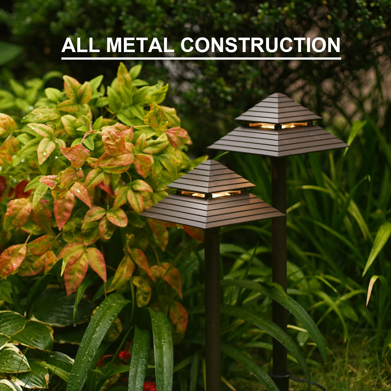 GOODSMANN 8PK Low Voltage Landscape Path Lights, 3W LED 180 Lumen, Bronze Metal, 2-Tier Pagoda Design, Model GG9121-21505-08
