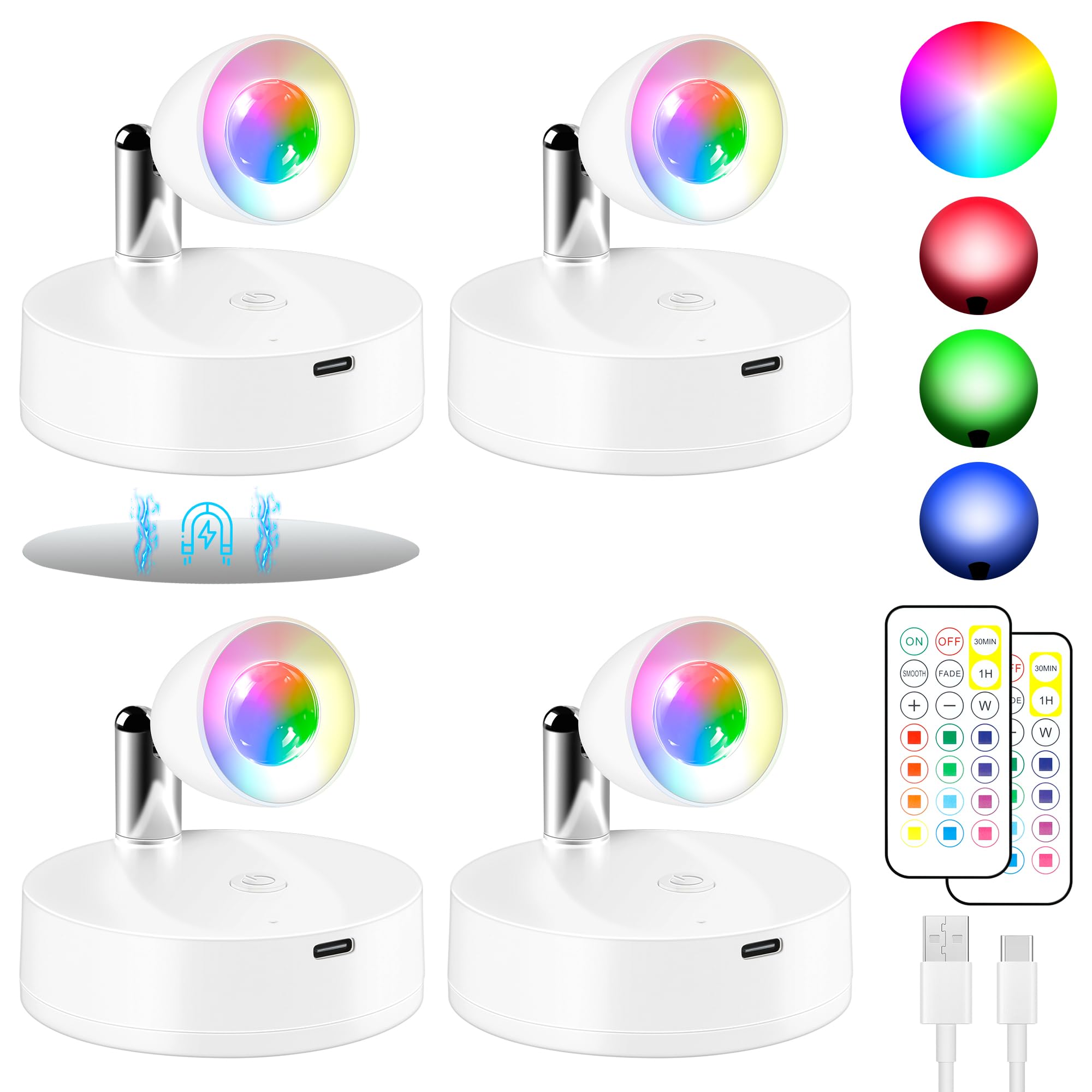 Rechargeable Rgbw Spotlights Indoor Decor, 4 Pack Wireless Tree Spotlight Indoor, Picture Lights With Remote 13 Color Change Floor Uplight, Accent Lights For Plant Holiday Party