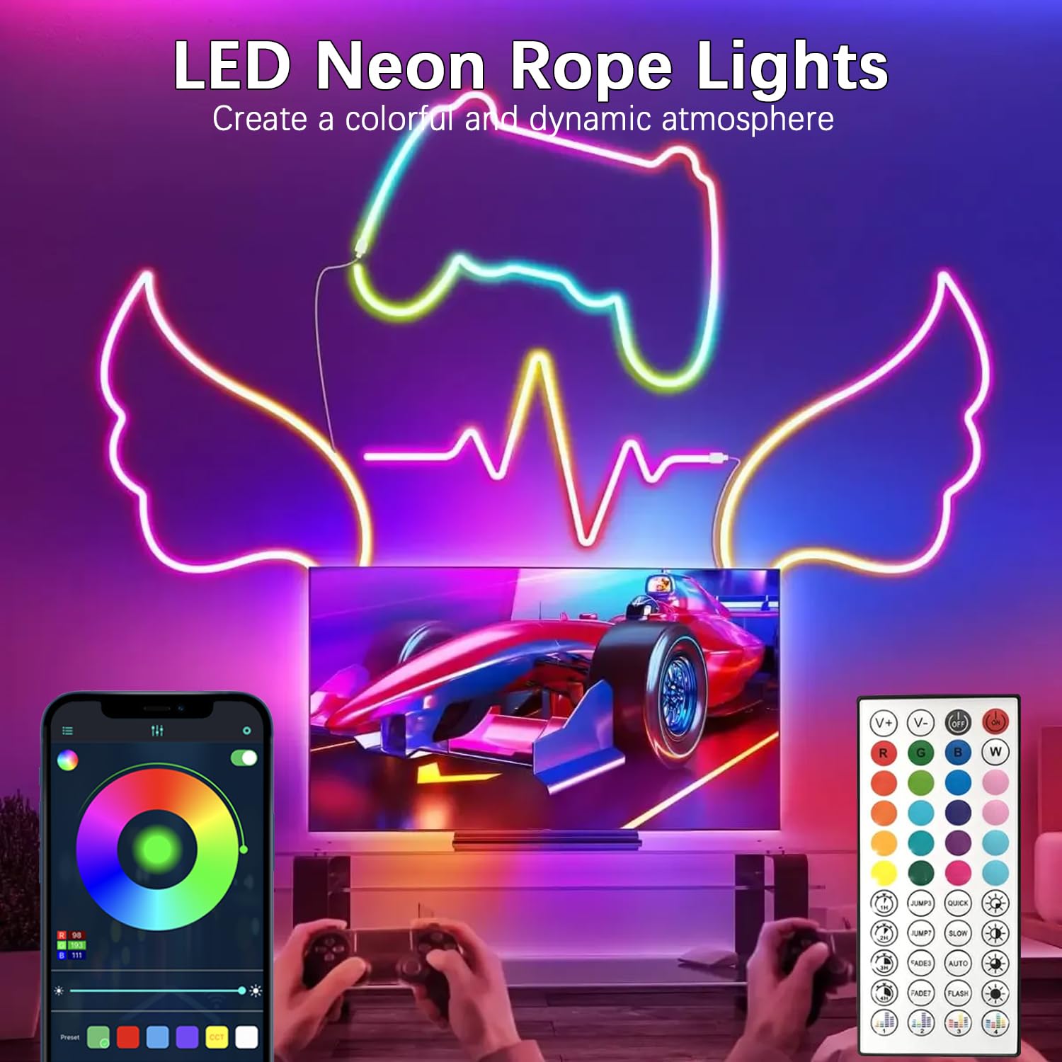 EJs SUPER CAR 200ft RGB LED Strip Lights, Bluetooth Control, 28 Modes, Multicolor, 3 Rolls of 65.6ft
