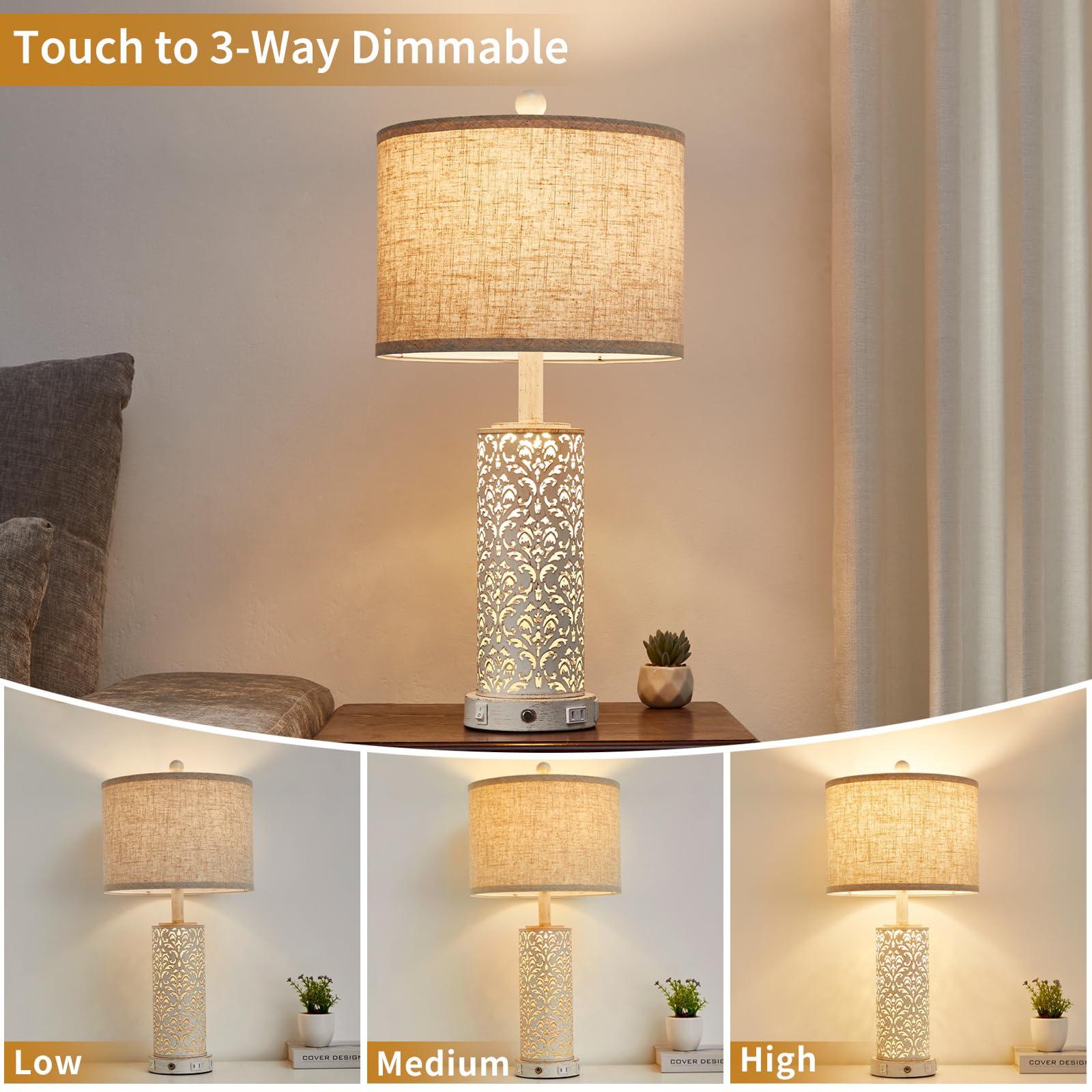 SAIWEYA 26  Farmhouse Table Lamp Dual Light, 3-Way Dimmable Touch Lamps, Rustic Nightstand Bedside Lamps with 2 USB Ports + AC O