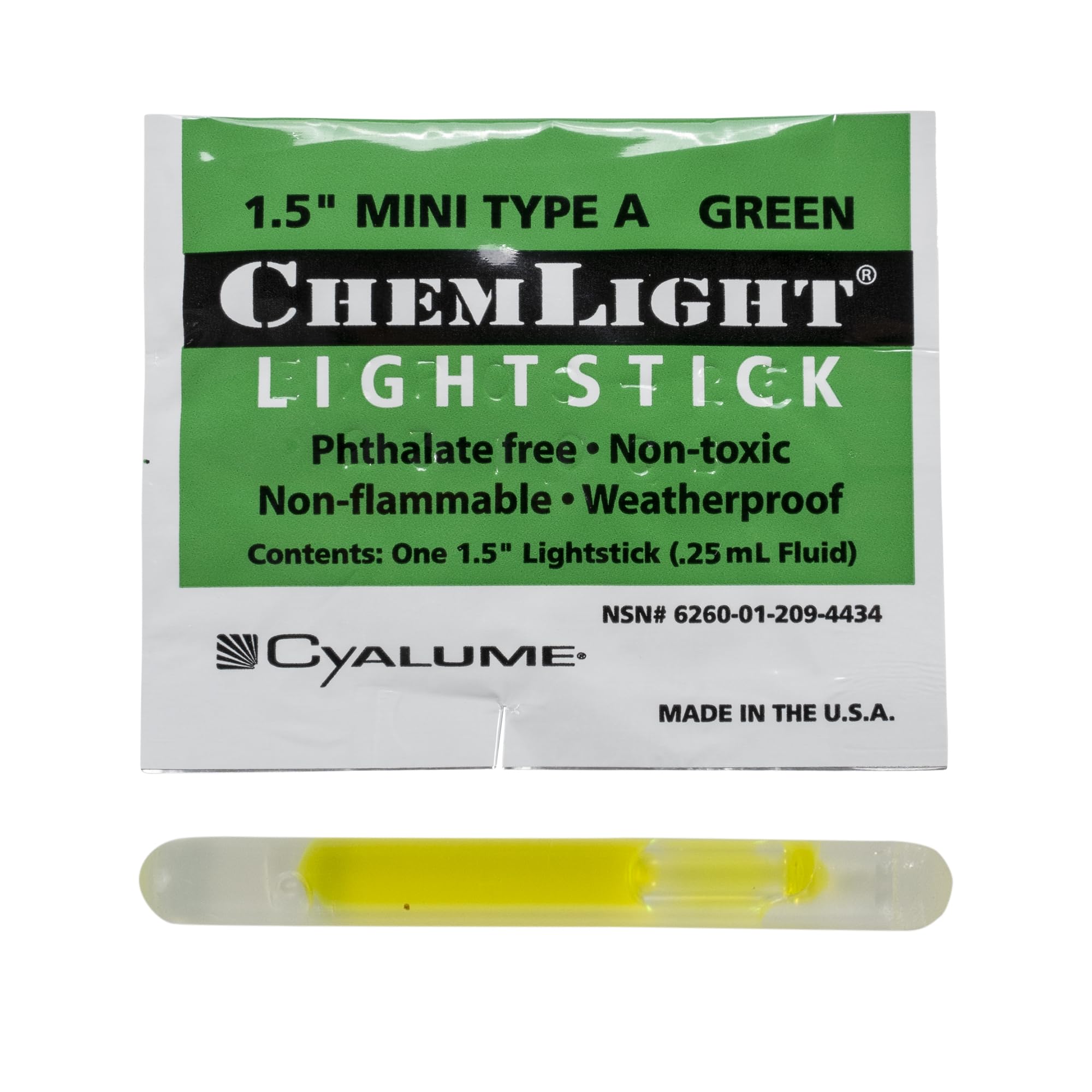 Cyalume ChemLight Mini Light Stick, Military Grade, Green, 1.5 Inch, 50 Pack, 4 Hours Duration, Model 9-44340PF