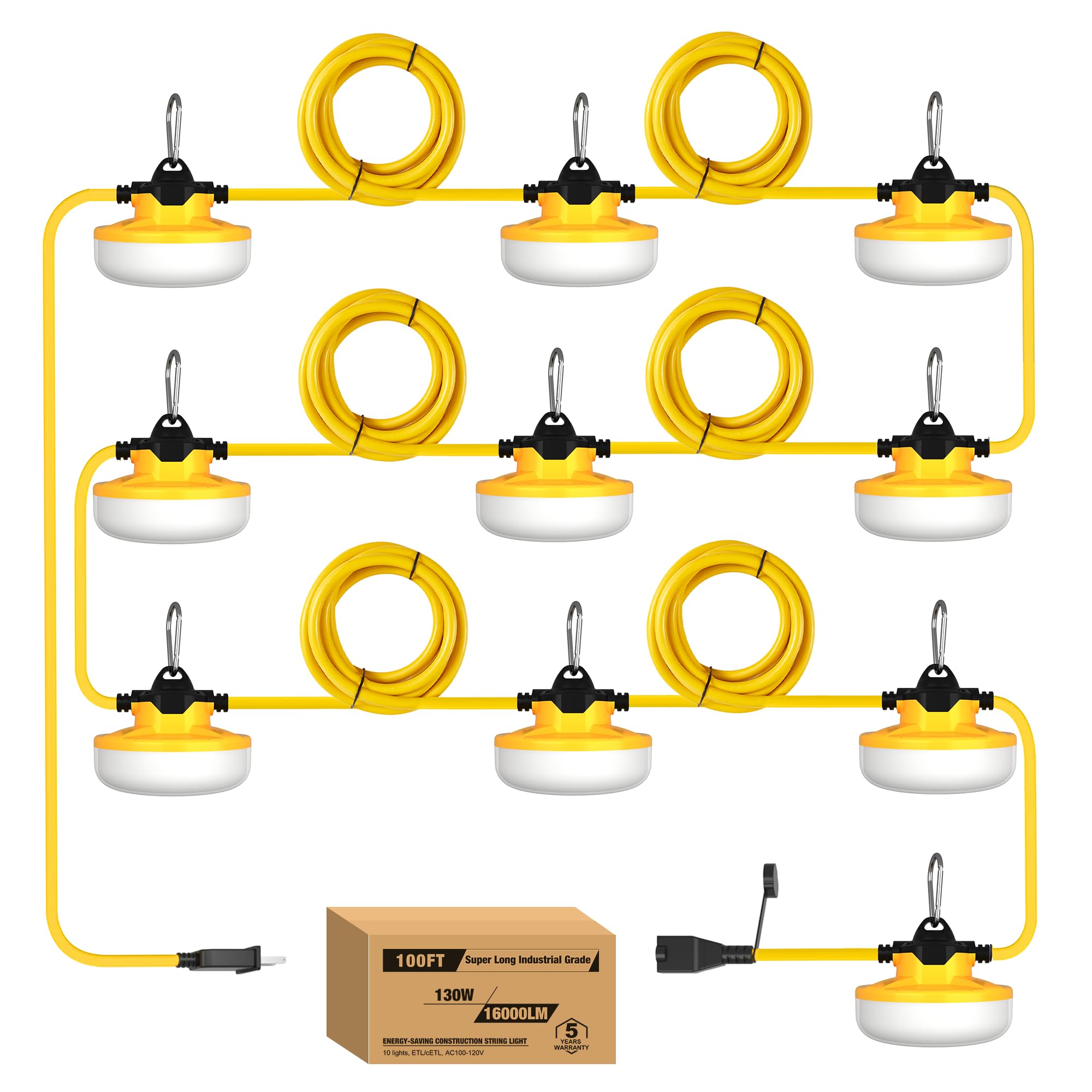 Yxl 130W 16000Lm Construction String Lights 100Ft Industrial String Work Lights, Ip65 Waterproof 123Lm/W Super Bright For Construction Sites Temporary Work Jobsites Outdoor Lighting