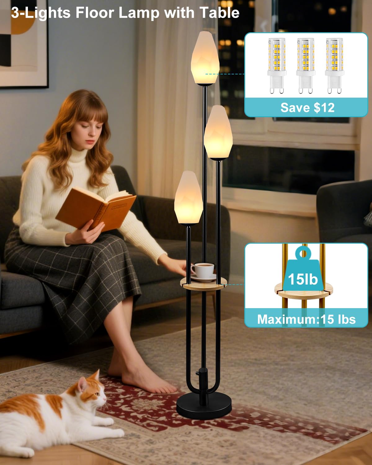 Lightdot Dimmable Floor Lamp with Table, 63in, Metal, Oval-Black, 3-Lights, Model LFLL