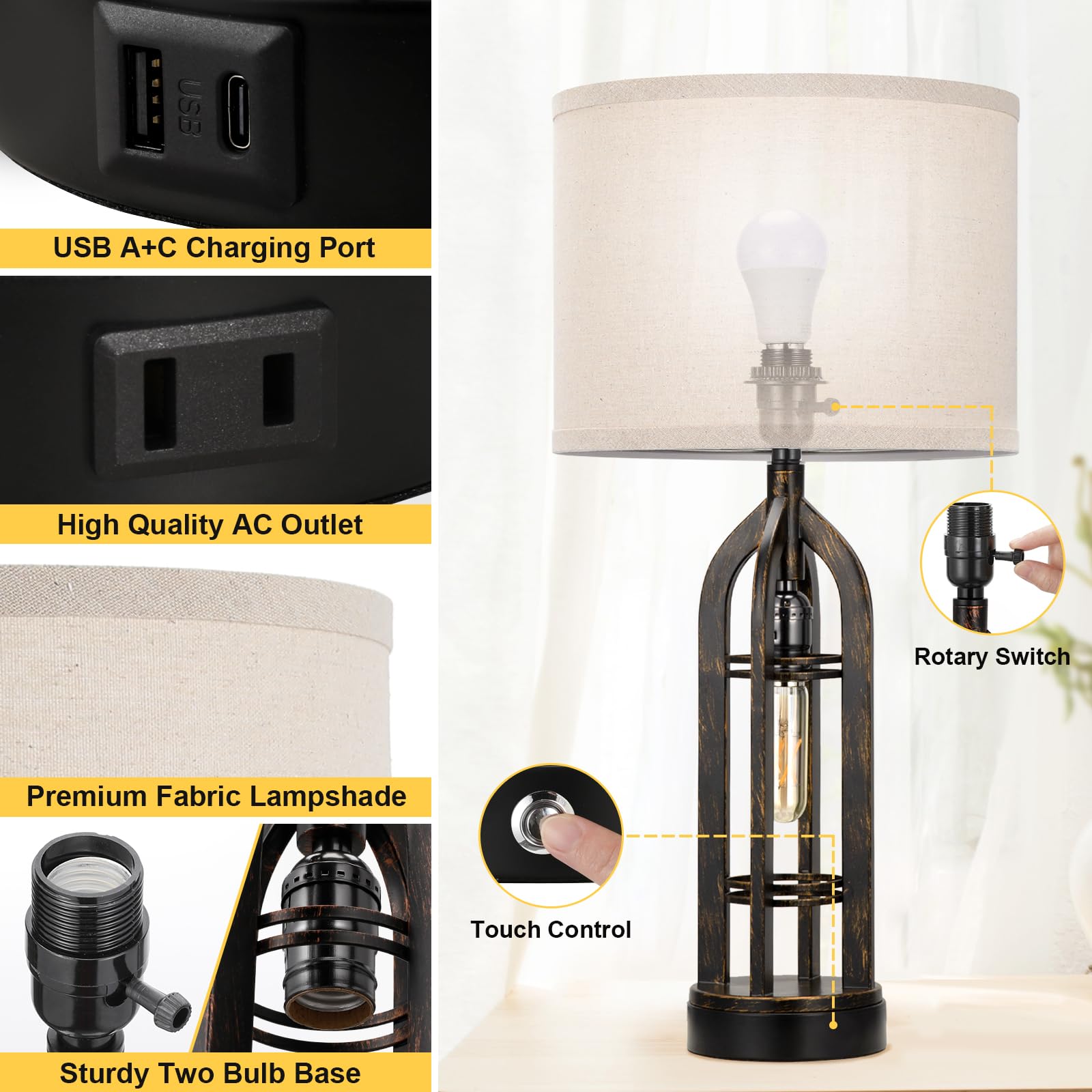 Seealle Table Lamp Set of 2 - 3-Way Dimmable Touch Lamps, E. Oat Shade & Bronze, Ideal for Living Room and Bedroom Night Stands