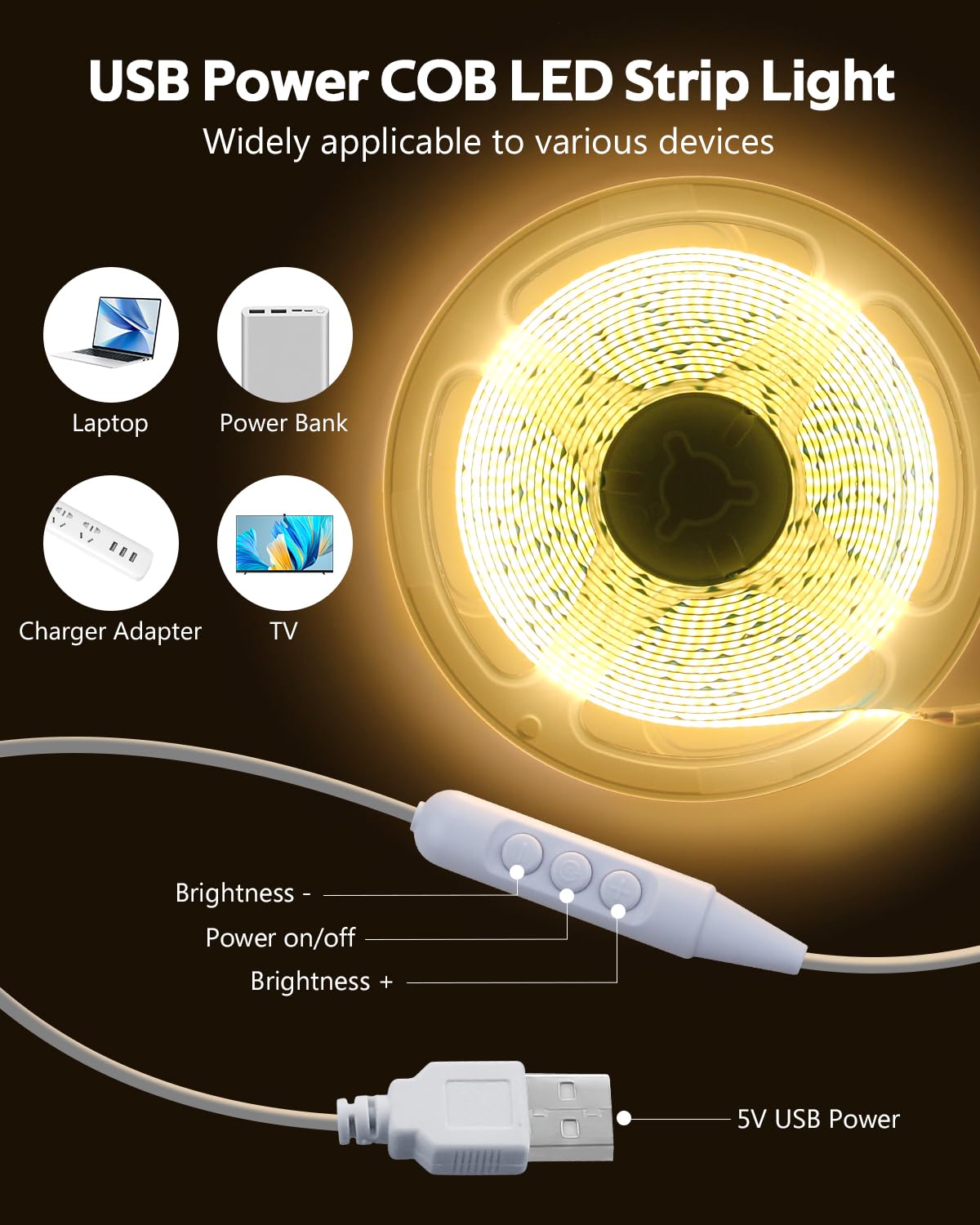 Samsion 5V Cob Led Strip Light For Bedroom 16.4Ft Usb Led Light Strip Warm White 3000K With Dimmer 320Leds/M Flexible Led Tape L