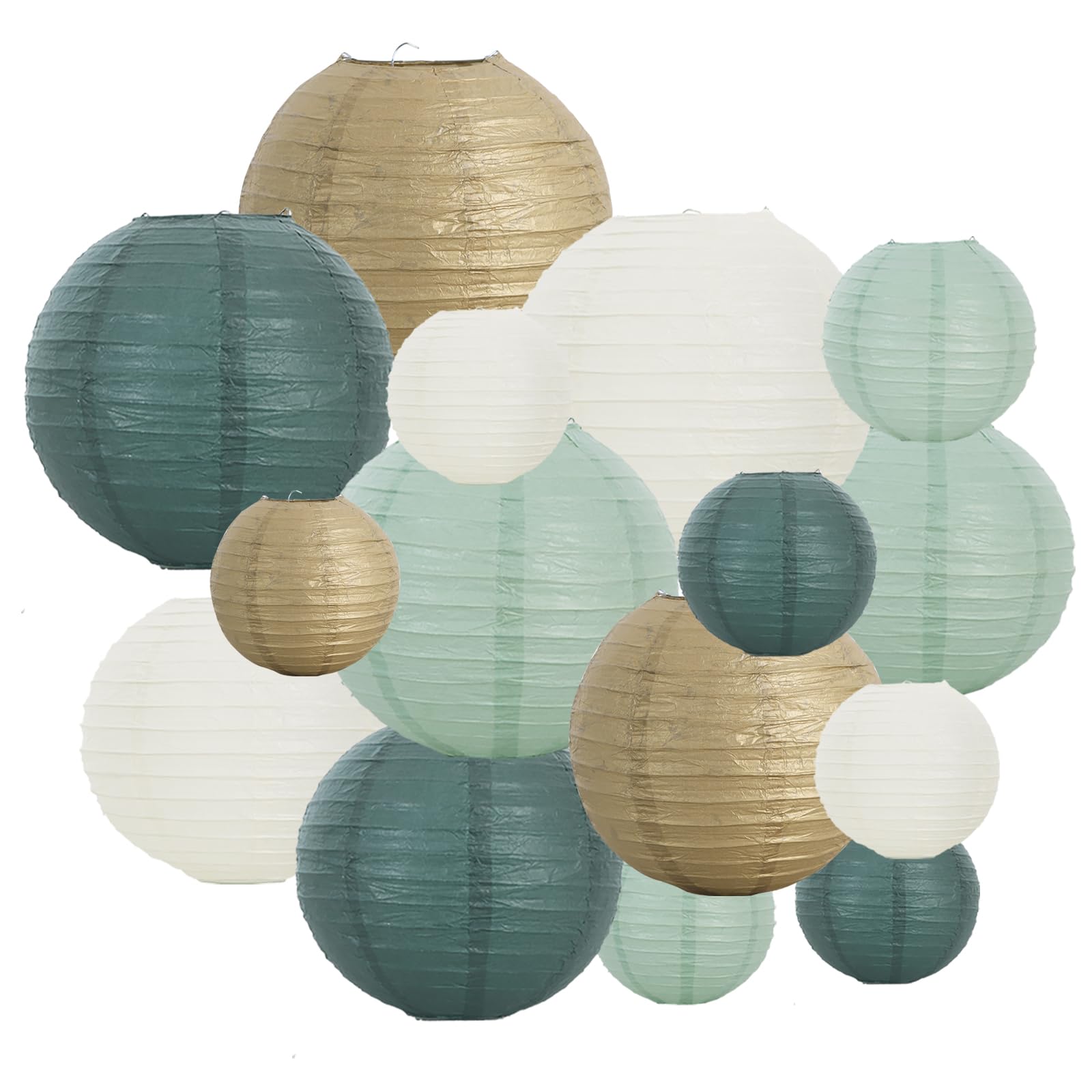 Beishida 16 Pcs Sage Green Gold Paper Lanterns,Hanging Decorative Chinese Japanese Round Paper Lantern Lamp For Birthday Wedding
