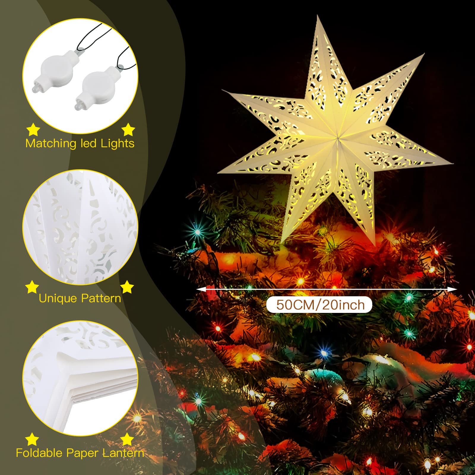 Kingdder Star Paper Lanterns with LED Light, 17.72 Inch, White Moroccan Design for Weddings, Christmas, and Birthday Decorations