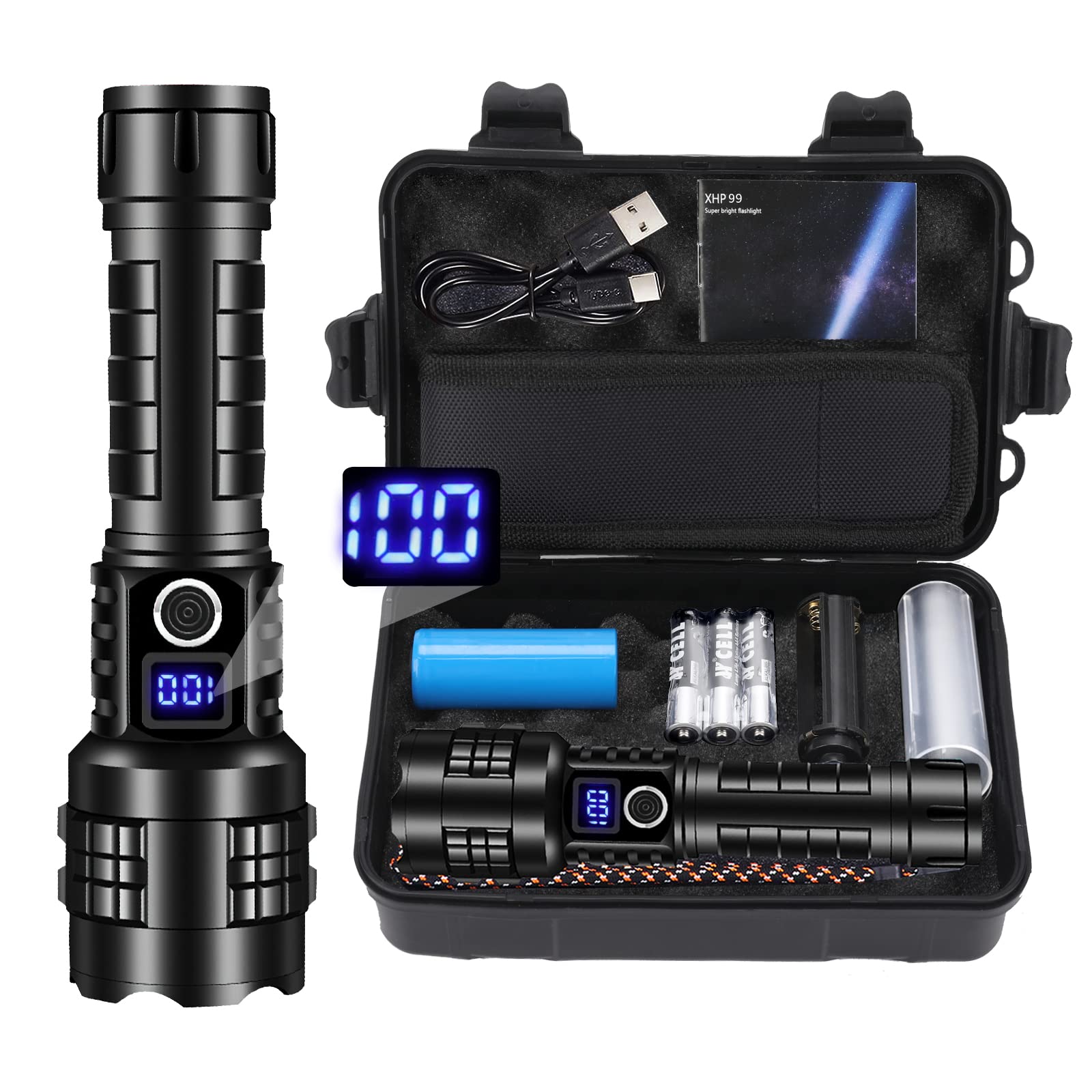 Rechargeable Flashlights High Lumens Xhp99 990000 Lumens Brightest Led Tactical Flashlights Super Bright High Powered Flash Light, Powerful Handheld Hunting Flashlight For Emergency Hiking Battle