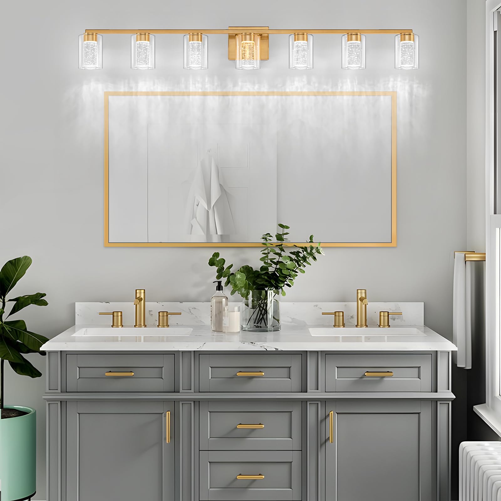 SineRise 7-Light Gold Vanity Light Fixture, Dimmable LED, Eye Protection, 3 Color Modes, Model 6936cca7, Stainless Steel