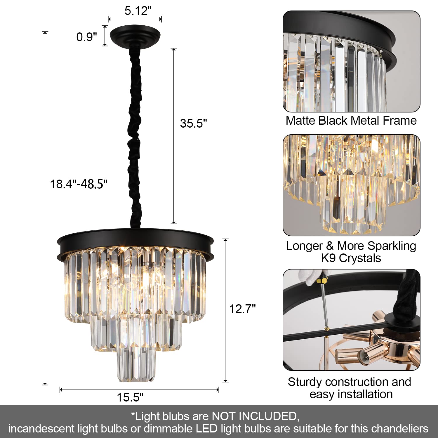 Axilixi Modern Crystal Chandeliers 16” Black Ceiling Pendant Light Fixture 3 Tiers Dimmable Flush Mount Chandeliers Round Raindrop For Living Room Dining Room Foyer Kitchen Entryway