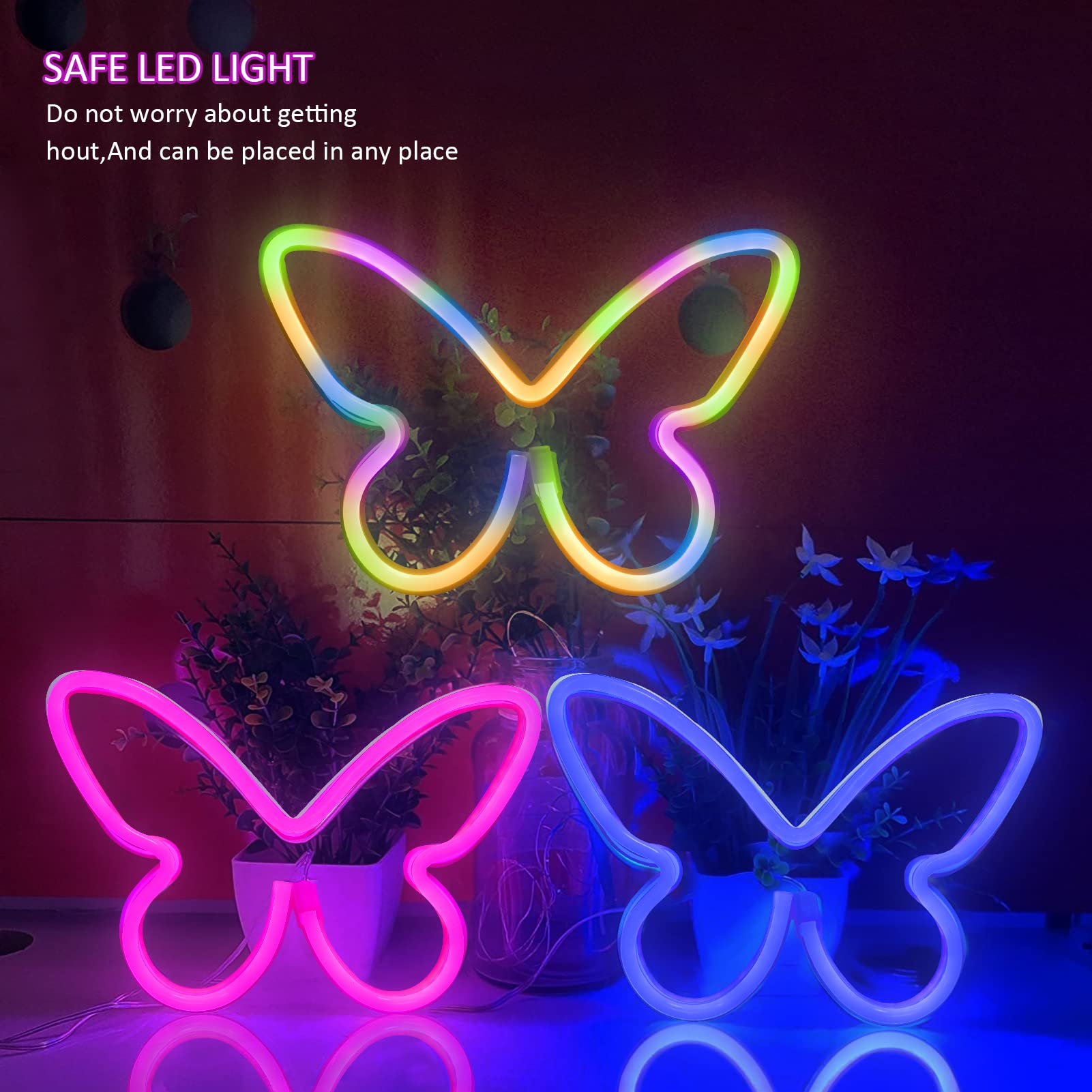 BRIGHTDECK Neon Signs - 3 Pcs Butterfly LED Wall Decor, USB/3-AA Battery Powered, 5 inches, Pink/Blue/Colourful