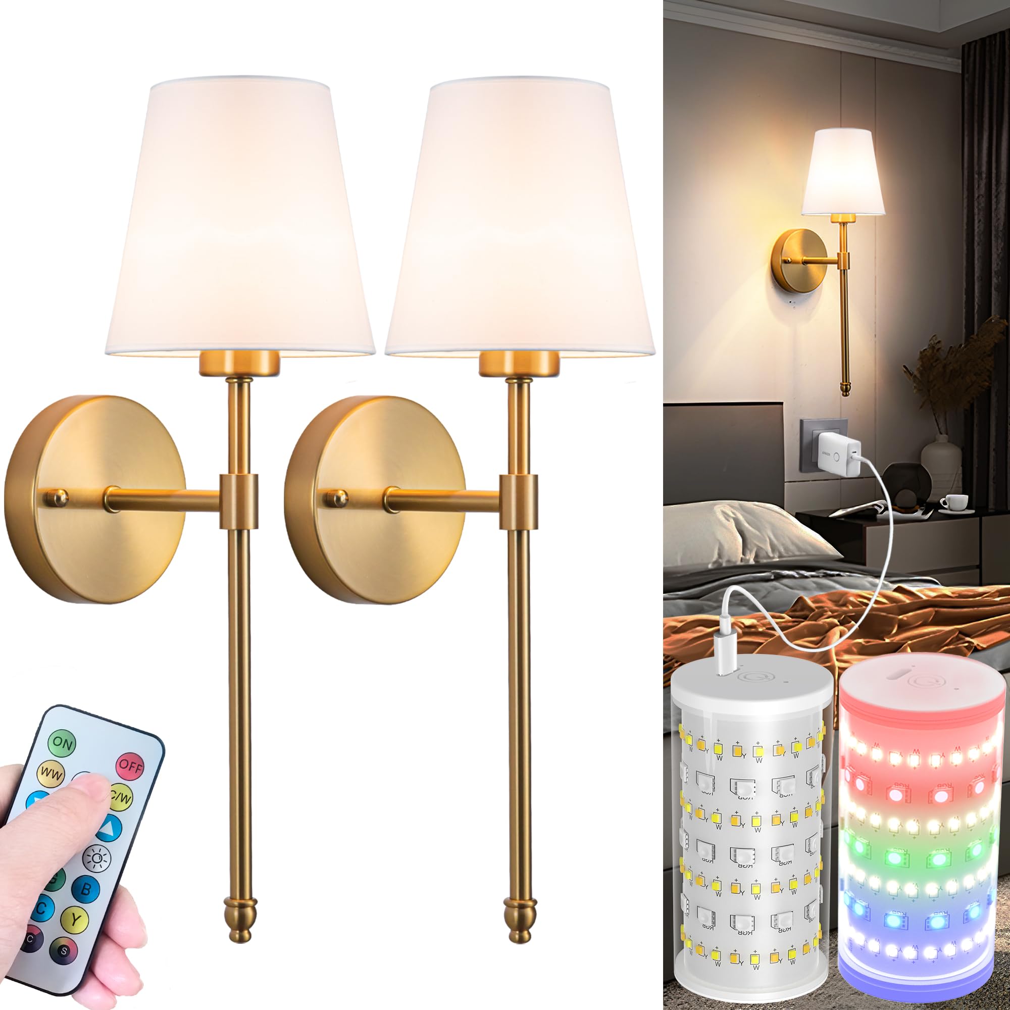 Battery Operated Wall Sconces Set Of 2, Wireless Battery Wall Light With 10000mAh RGB Rechargeable Magnetic Bulb, Rechargeable W