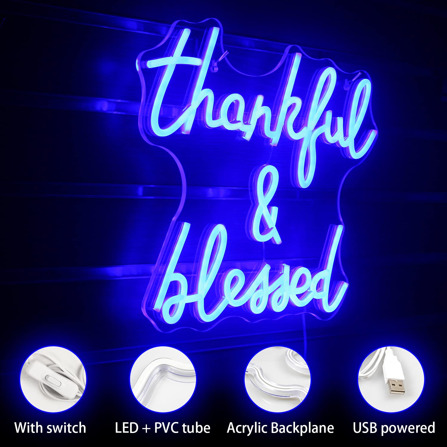 Wanxing Neon Sign - Thankful and Blessed LED Wall Decor, USB Powered, Blue, for Weddings and Birthday Parties