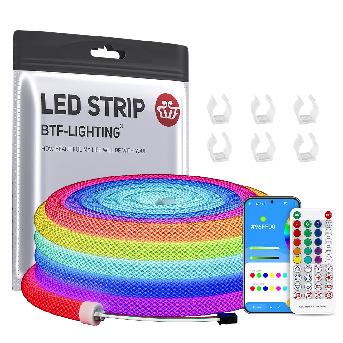 BTF-LIGHTING 9.8FT WS2811 WS2812B IC RGB 360 Degree Round Reticulate Chasing Color Neon LED Strip Kit Bluetooth Controller Flexi