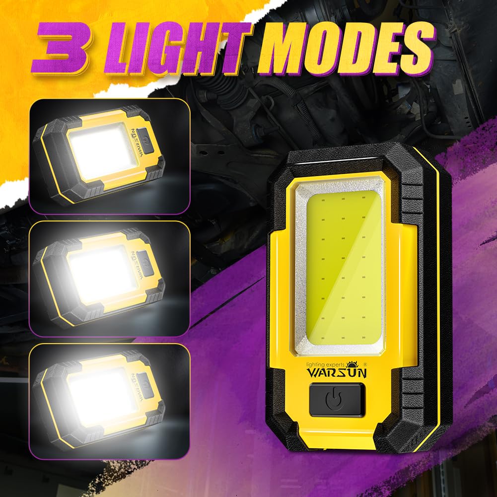 WARSUN Rechargeable Work Light - 1200 Lumens LED Mechanic Light, Portable 4.3x2.6x1.4", Yellow, Model WARSUN 2c
