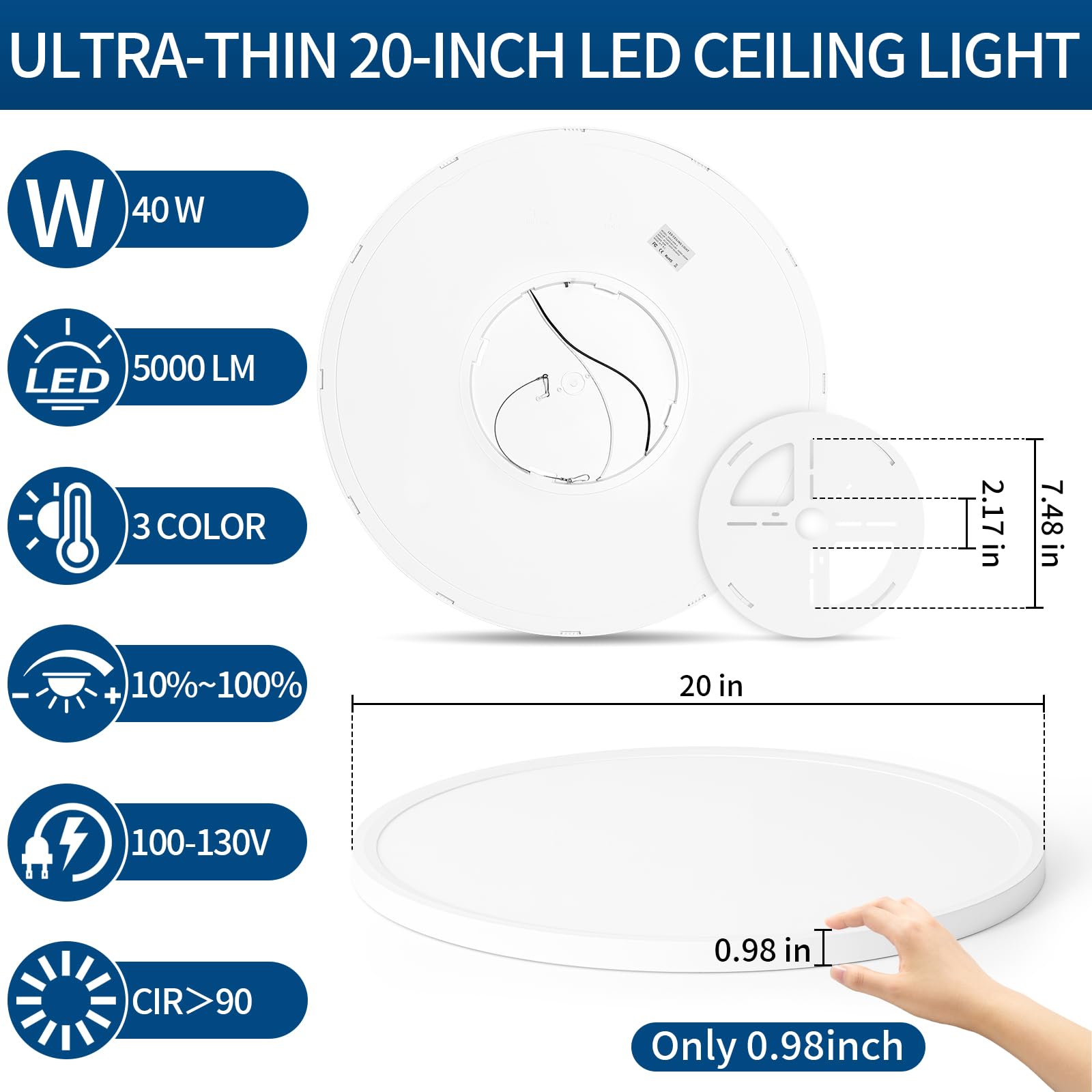 Modern 20'' Led Ceiling Light Fixture, Ultra Thin Flush Mount, Brightness Dimmable & 3000K/4500K/6000K Selectable, 40W 5000Lm, W