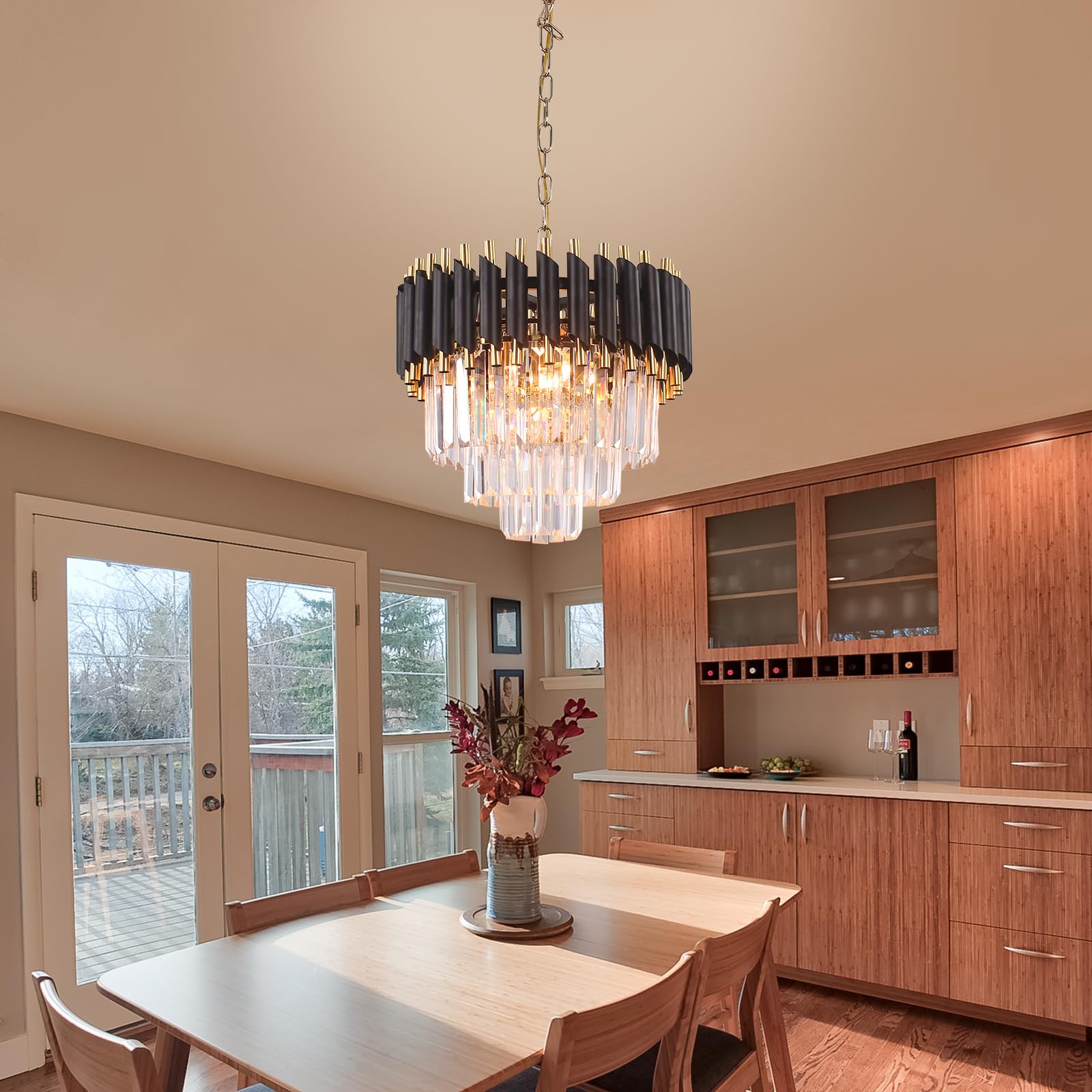 Frixchur 16&quot; Modern Crystal Chandelier - 3-Tier Black & Gold Raindrop Flush Mount Light Fixture