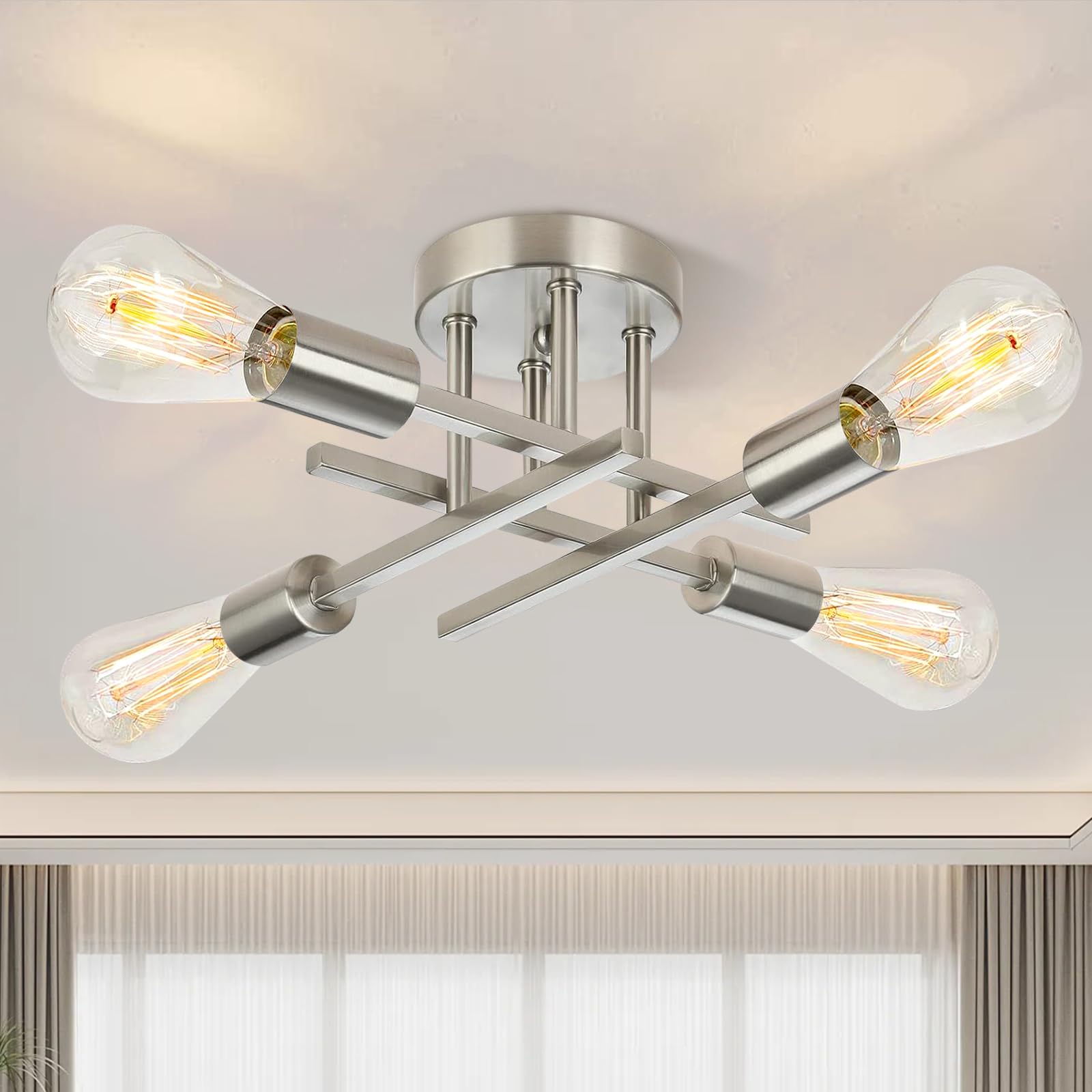 Ceiling Light  Dining Room Light Fixture With E26 Base  Semi Flush Mount Ceiling Light Fixture  Kitchen Lighting Fixtures Ceiling  4-Light Matte Nickle Chandelier For Bedroom