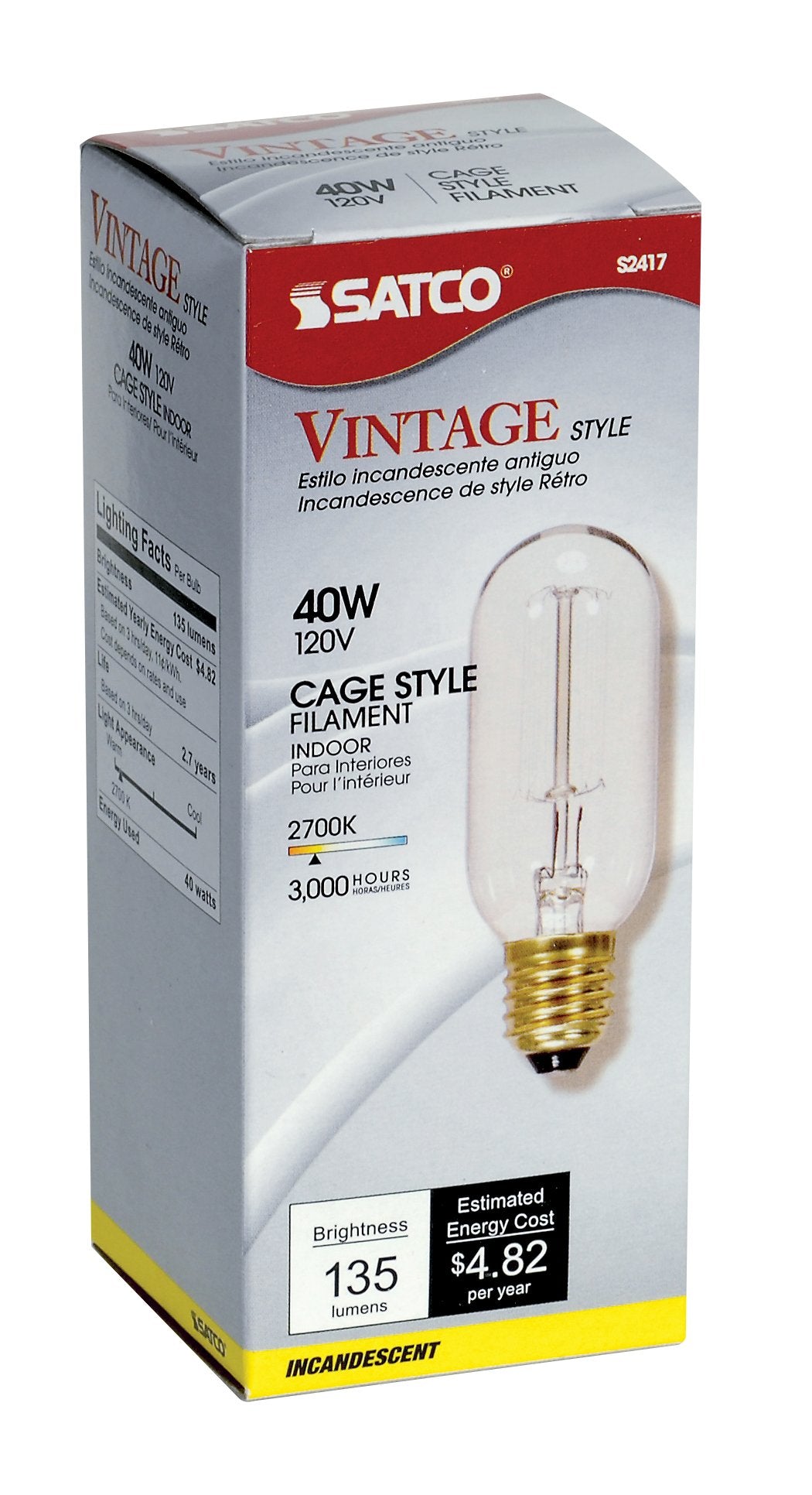Satco S2417 T14 Incandescent Light Bulb, 40 Watt, 160 Lumens, Dimmable, Medium Base, Soft White 2700K, Vintage Cage Coil Design
