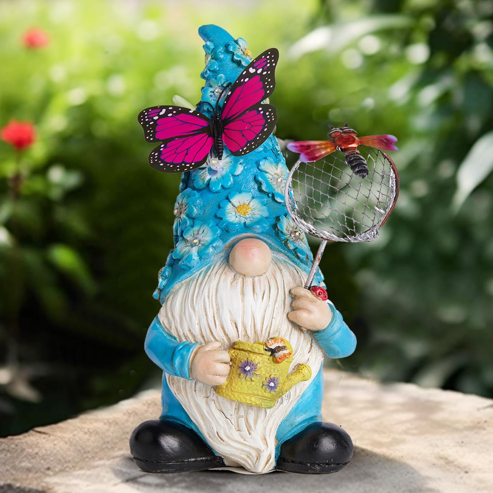 Foreby Garden Gnome Statues Outdoor Decor Solar Gnomes With Butterfly On Led Lighted Flowers, Resin Blue Gnomes Sculpture For Pa