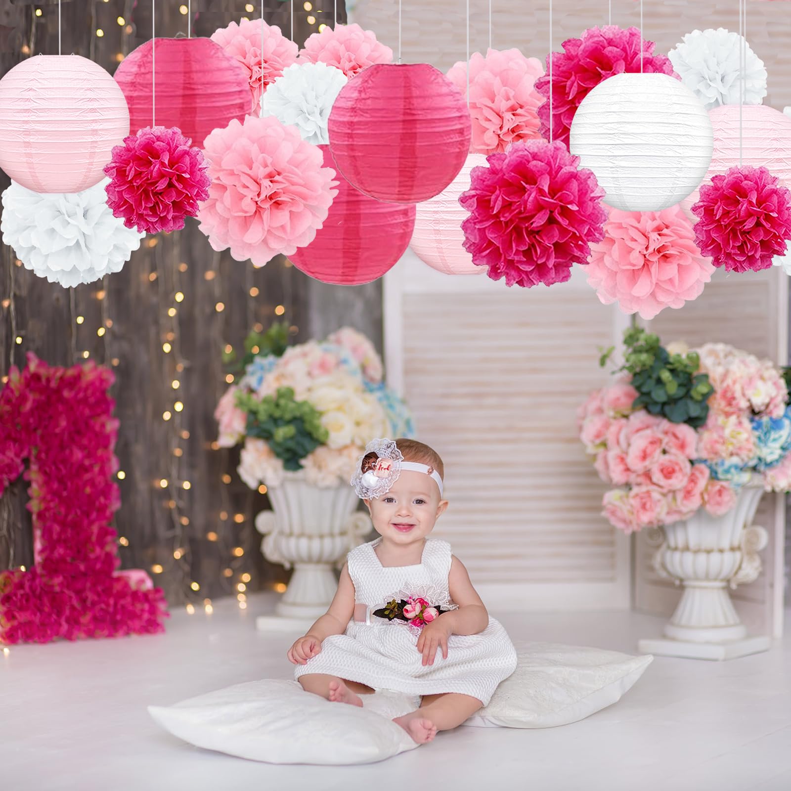 Celehappy Pink Paper Lanterns Party Decorations Tissue Paper Pom Poms For Weddings Birthdays Parties 18Pcs Hanging Paper Lantern
