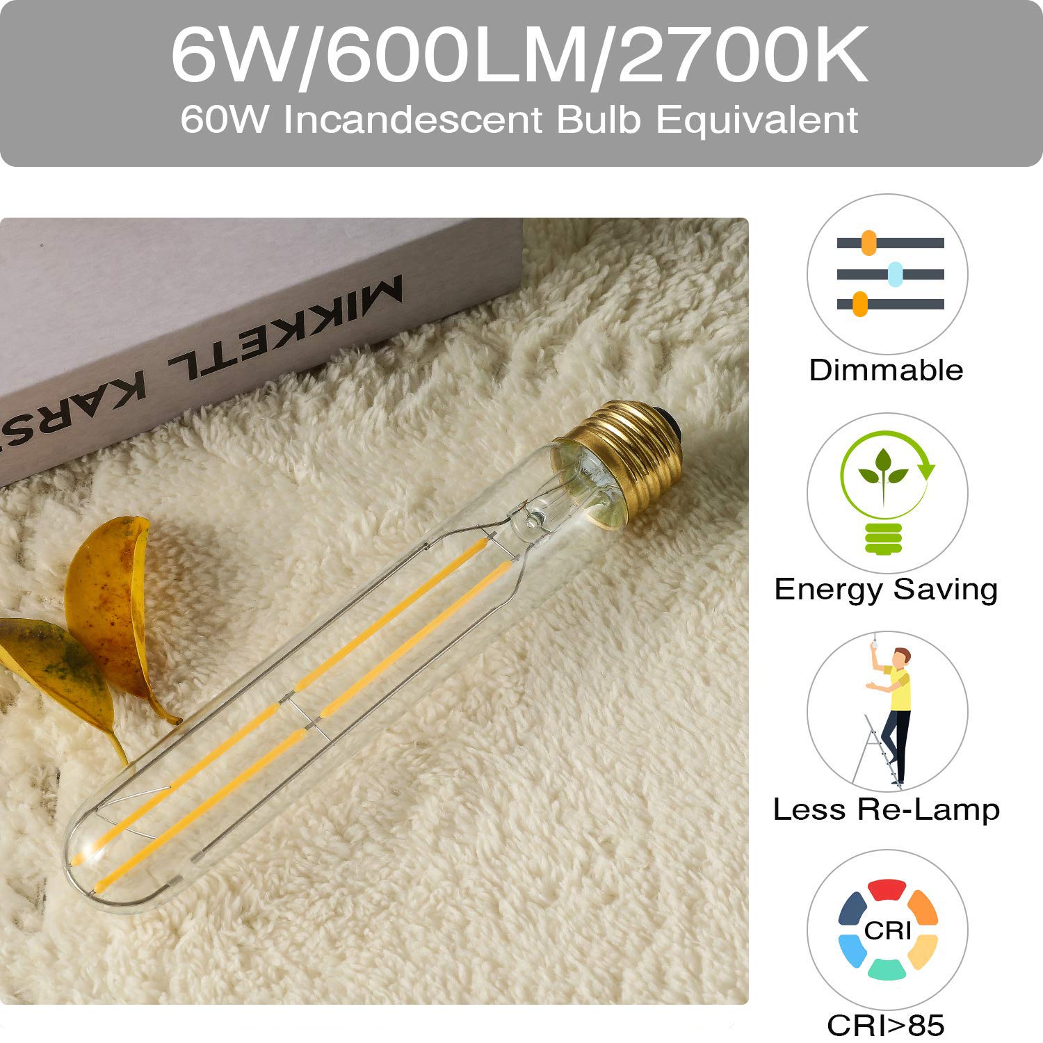 Lvye T10 Tubular Bulbs,E26 Dimmable Led Light Bulbs 6W Equal 60 Watt,2700K Warm White,Long Edison Led Bulb,600Lm,T10 Clear Glass