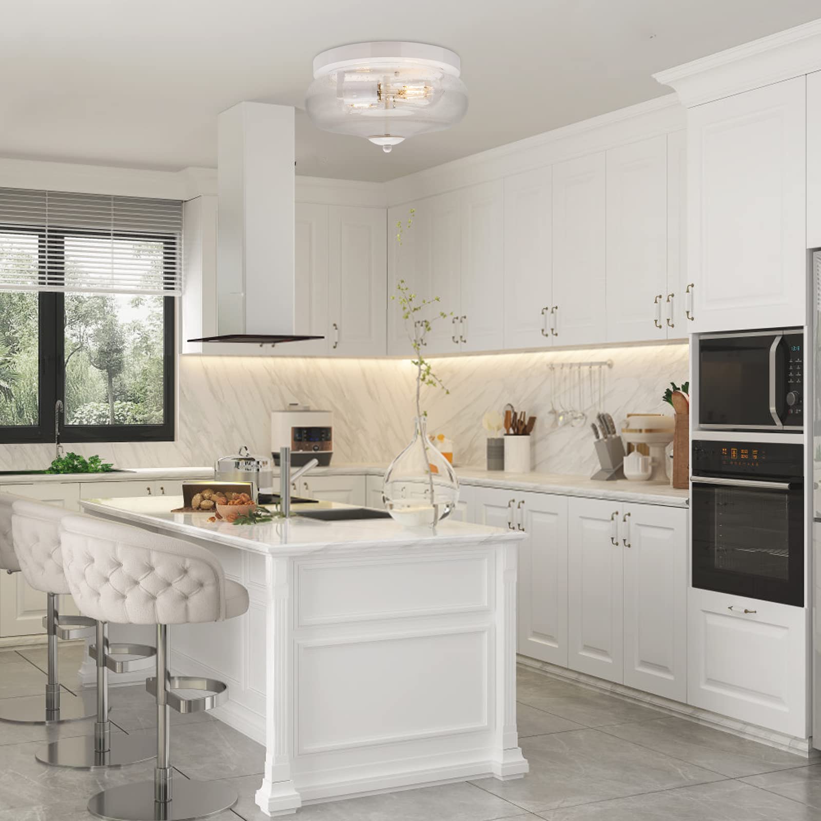 Darkaway Ceiling Light Fixture - Flush Mount Indoor/Outdoor - Seeded Glass Shade - 11 inch - White - Model 6T1F