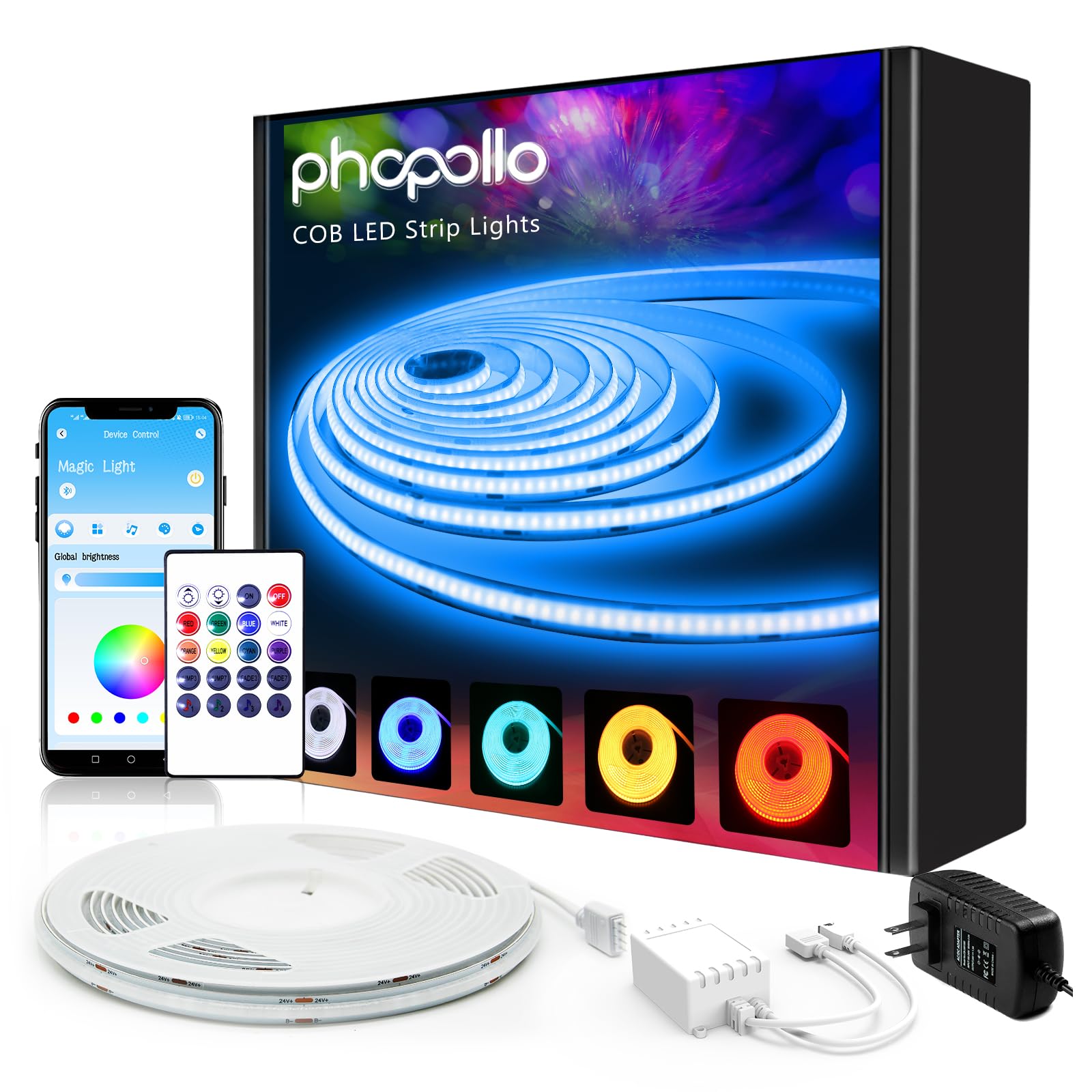 phopollo COB LED Strip Lights, Multi-Color 576 LEDs/m High Density Flexible 24V Led Lights with RF & App Control, LED Lights for