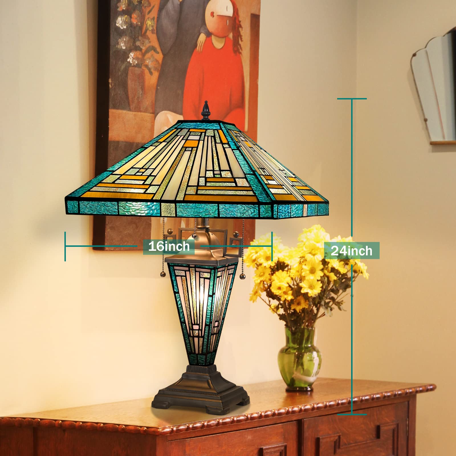 Capulina Large Tiffany Table Lamp 3-Light With Nightlight 16X16X25 Inches Mother-Daughter Vase Mission Green Amber Style Stained Glass Desk Light For Home Living Room Bedroom