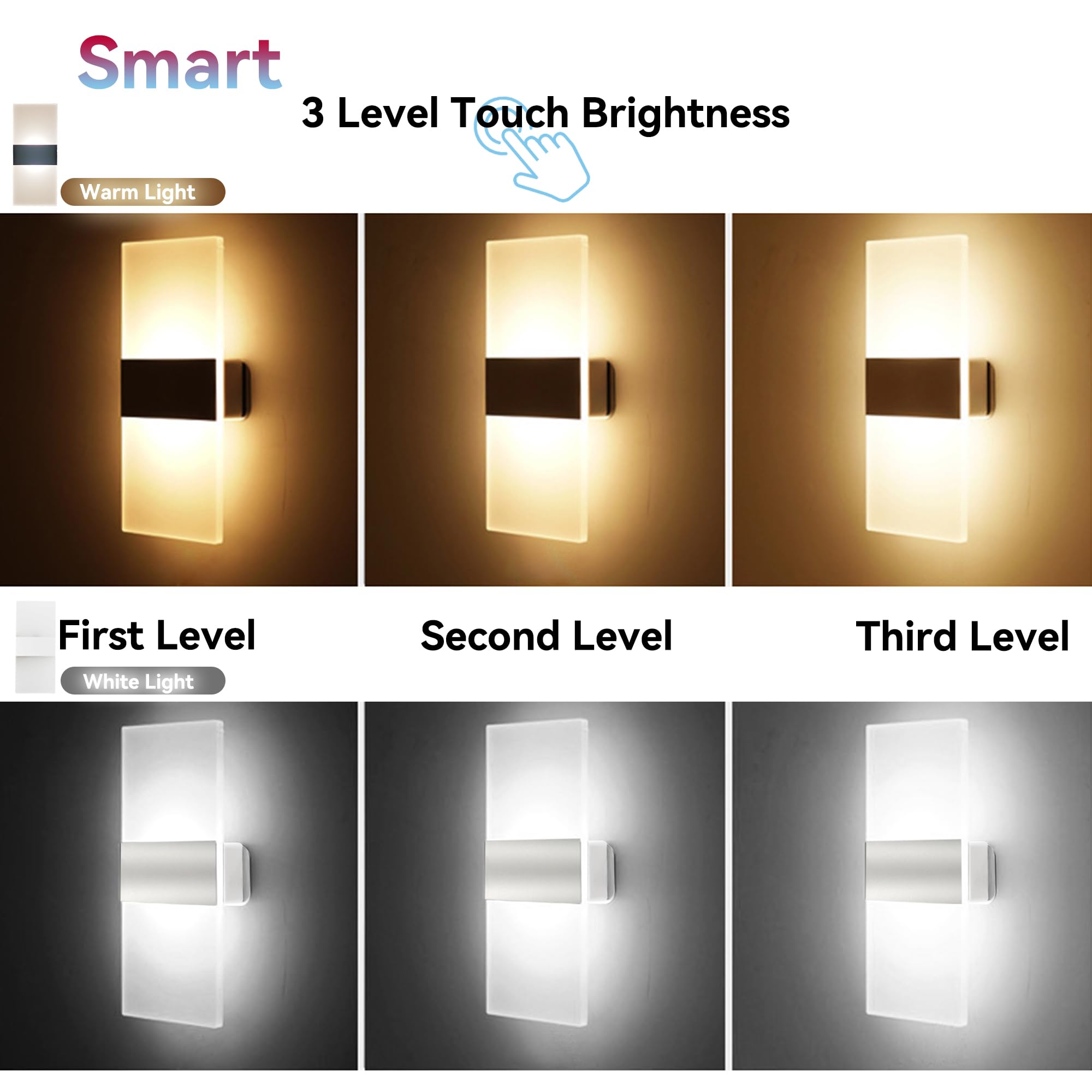 Felrelwel Modern Wall Sconces,Rechargeable Usb Battery Operated,2 Pcs Acrylic Led Wall Lamp For Living Room Bedroom Hallway,Three Level Light Adjustment,Bedside Lights,Touch Control Switch White Light